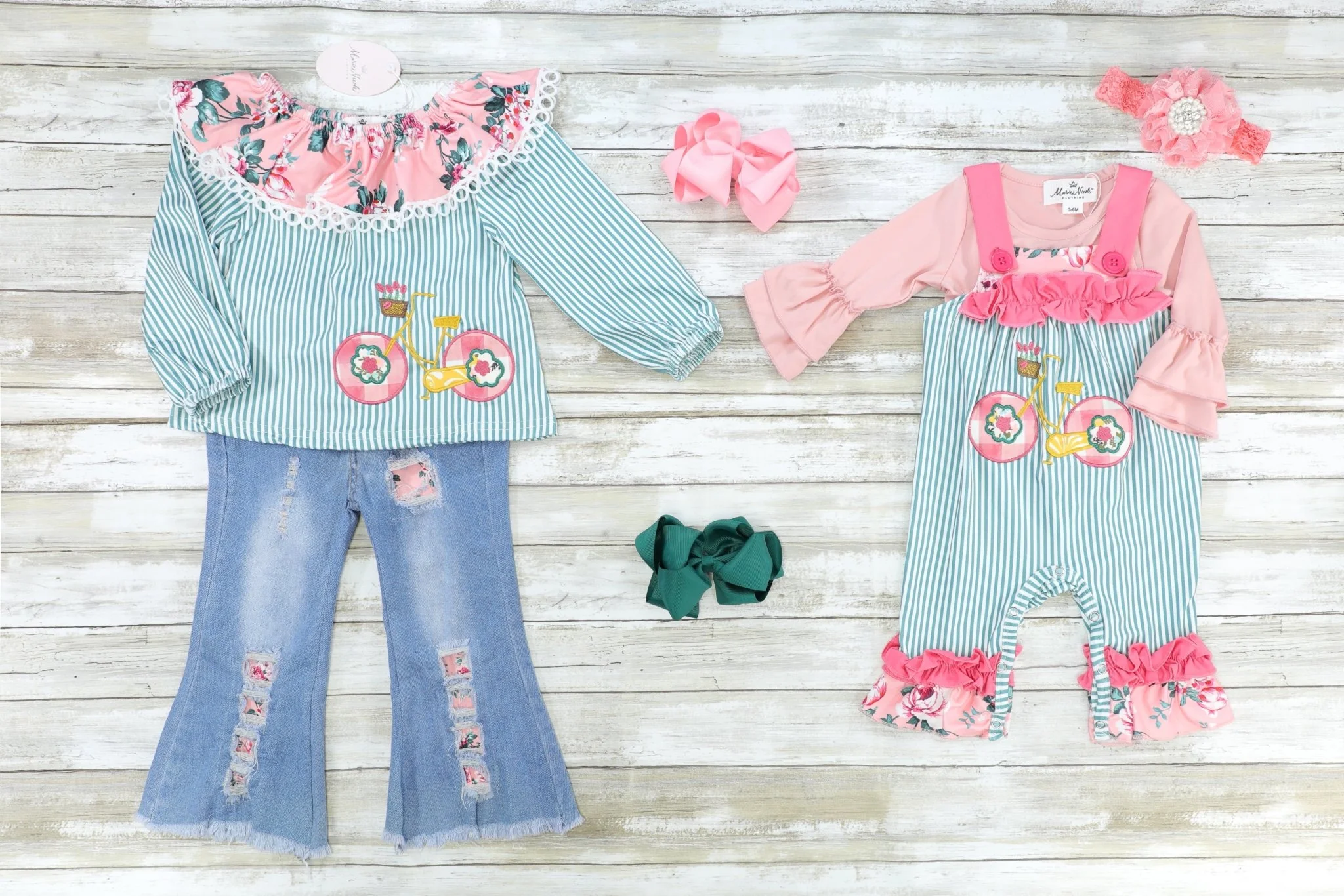Pink & Green Bike Denim Bell Bottom Outfit - Image 3