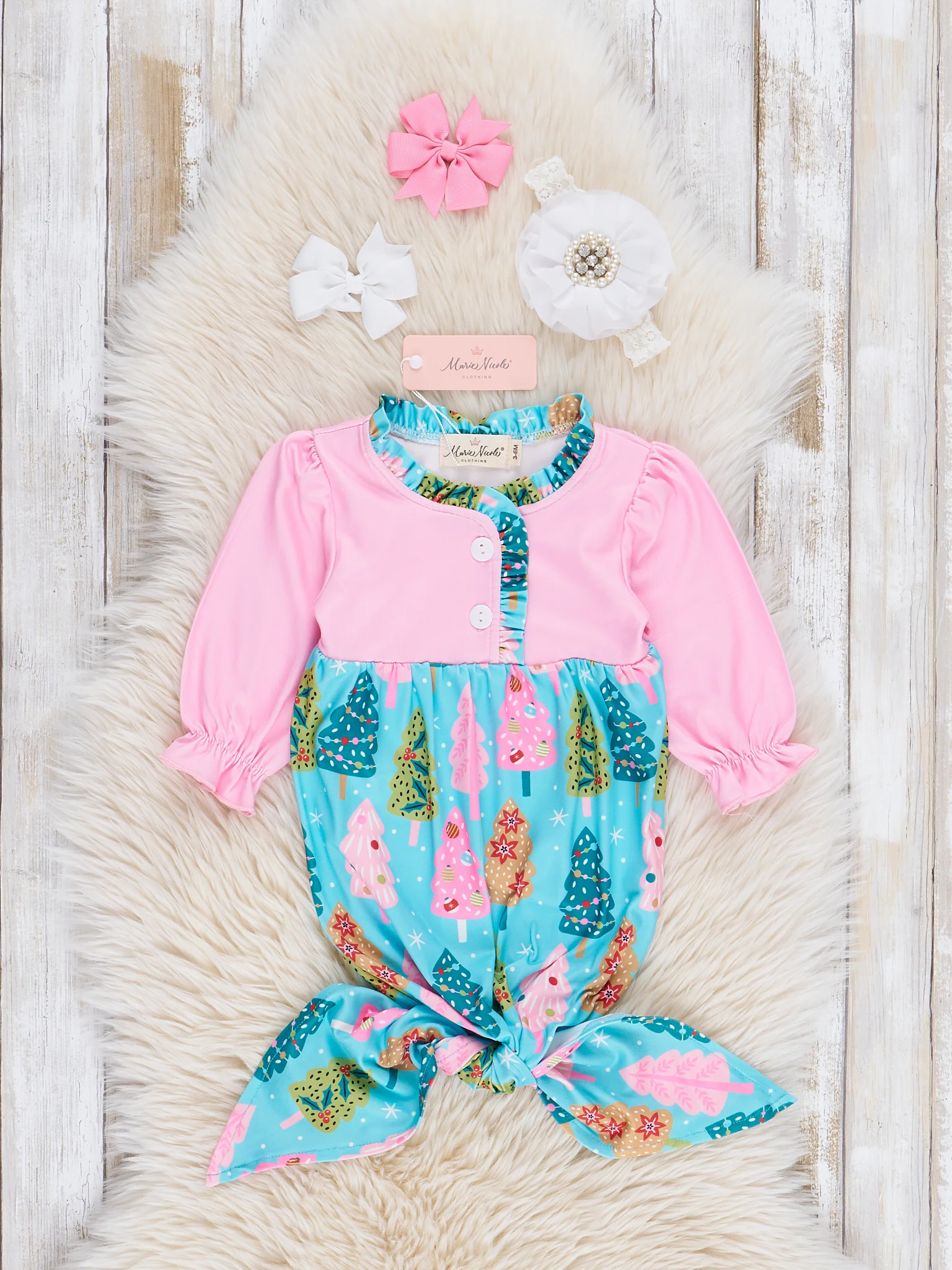 Pink & Green Christmas Tree Doodles Ruffle Knot Gown