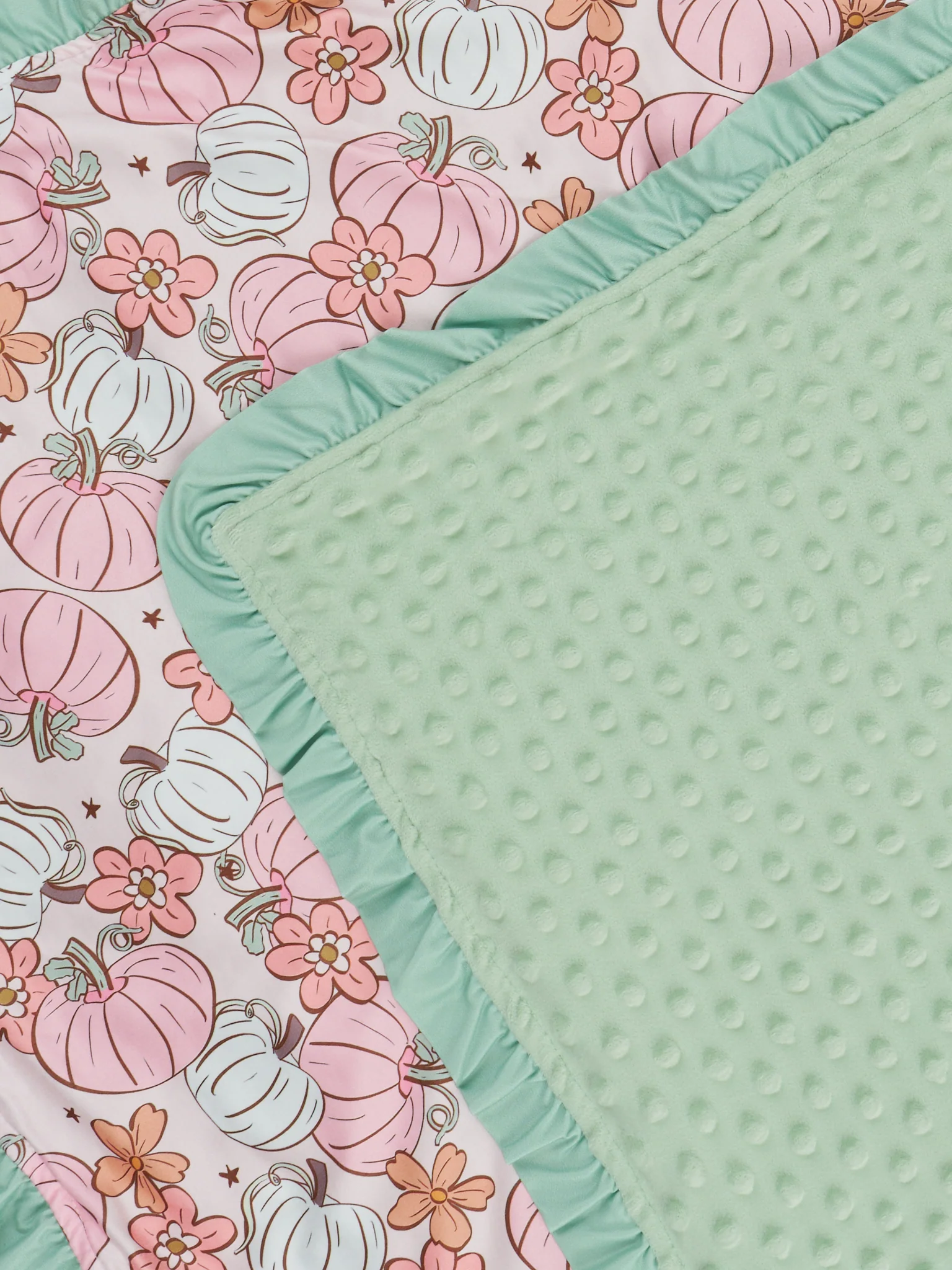 Pink & Green Doodle Pumpkin Garden Minky Blanket - Image 2