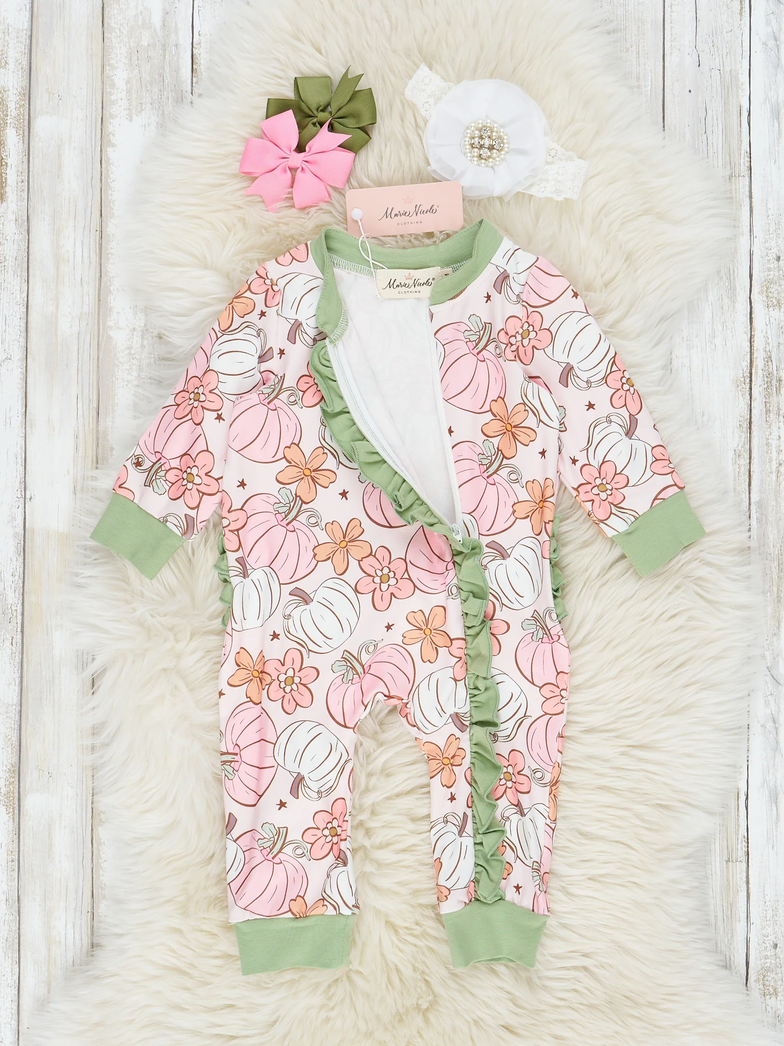 Pink & Green Doodle Pumpkin Garden Ruffle Sleeper Pajamas - Image 2