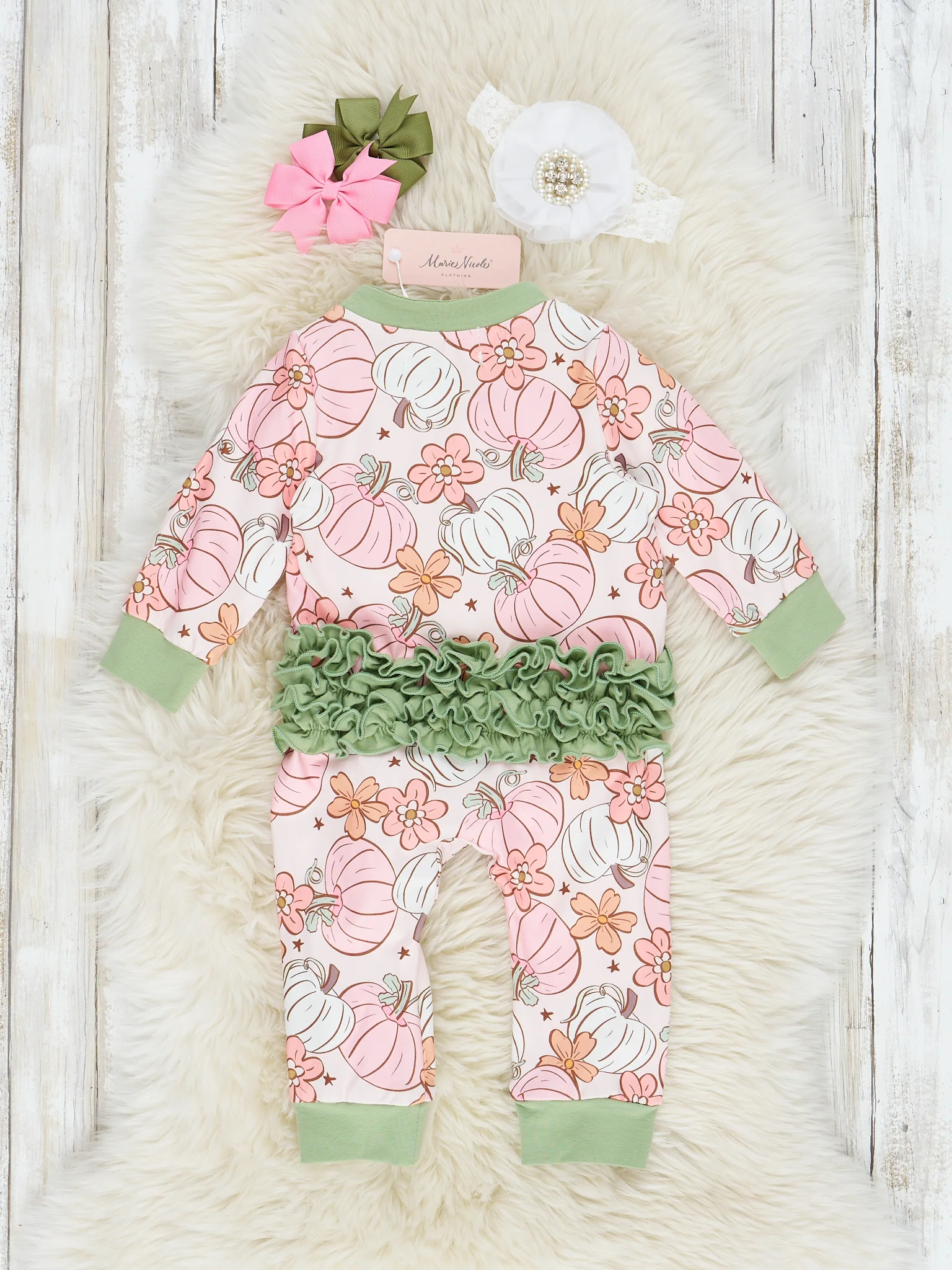 Pink & Green Doodle Pumpkin Garden Ruffle Sleeper Pajamas - Image 3