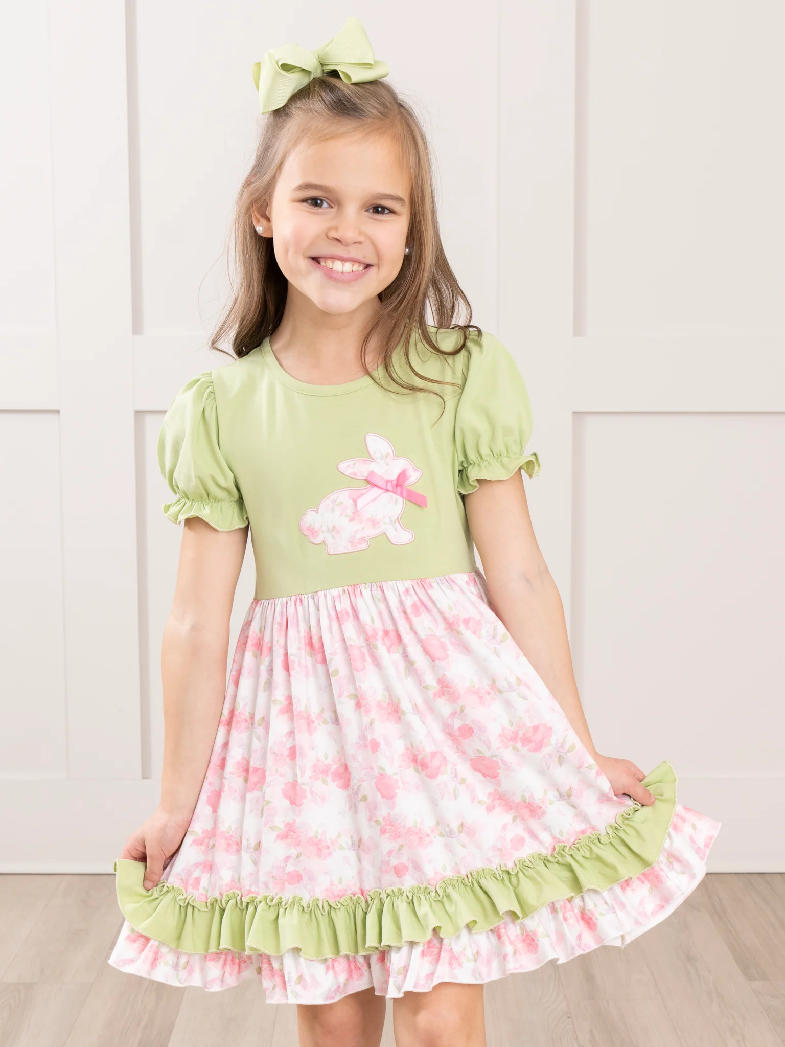 Pink & Green Floral Bunny Ruffle Dress