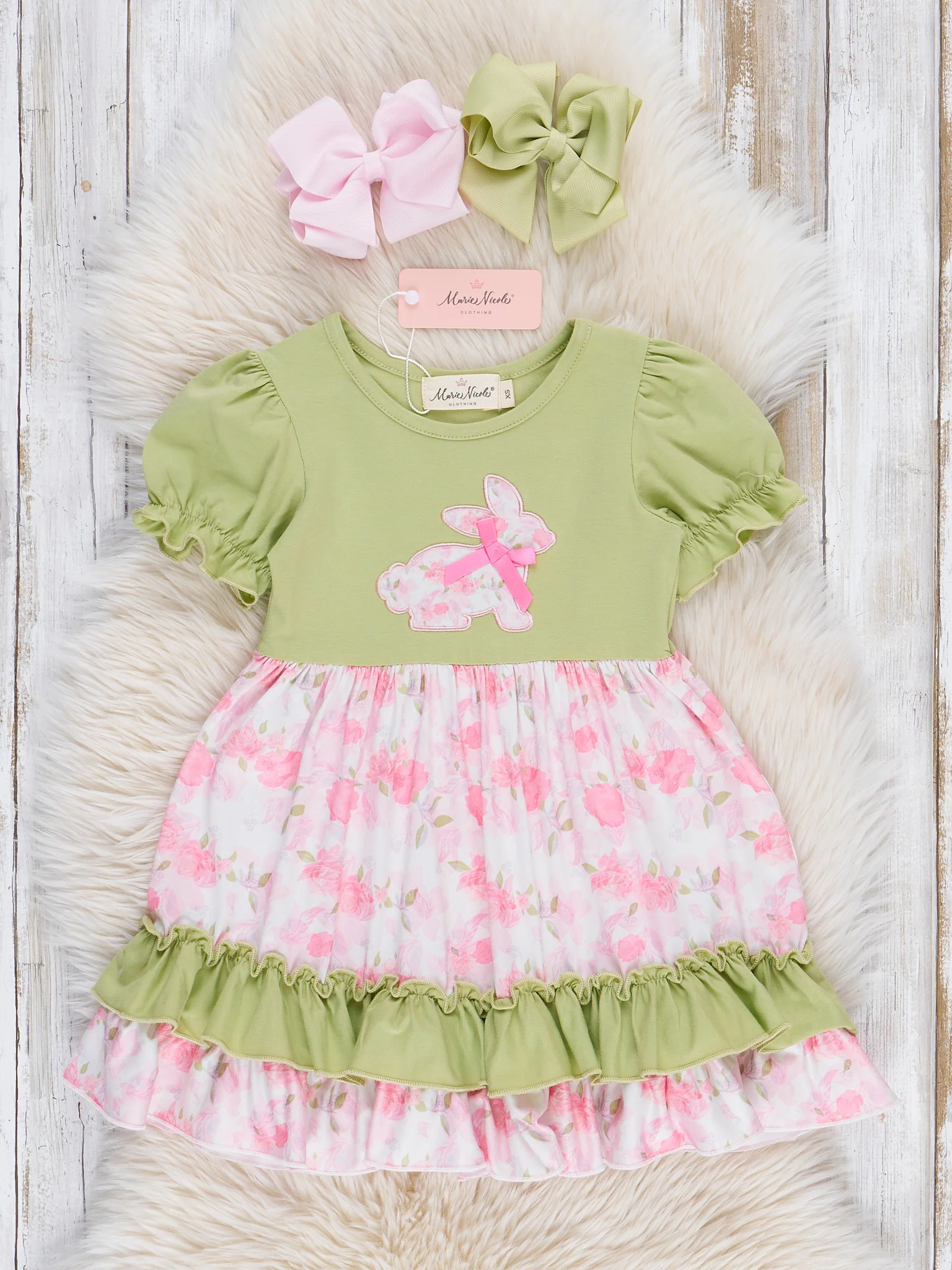 Pink & Green Floral Bunny Ruffle Dress - Image 2