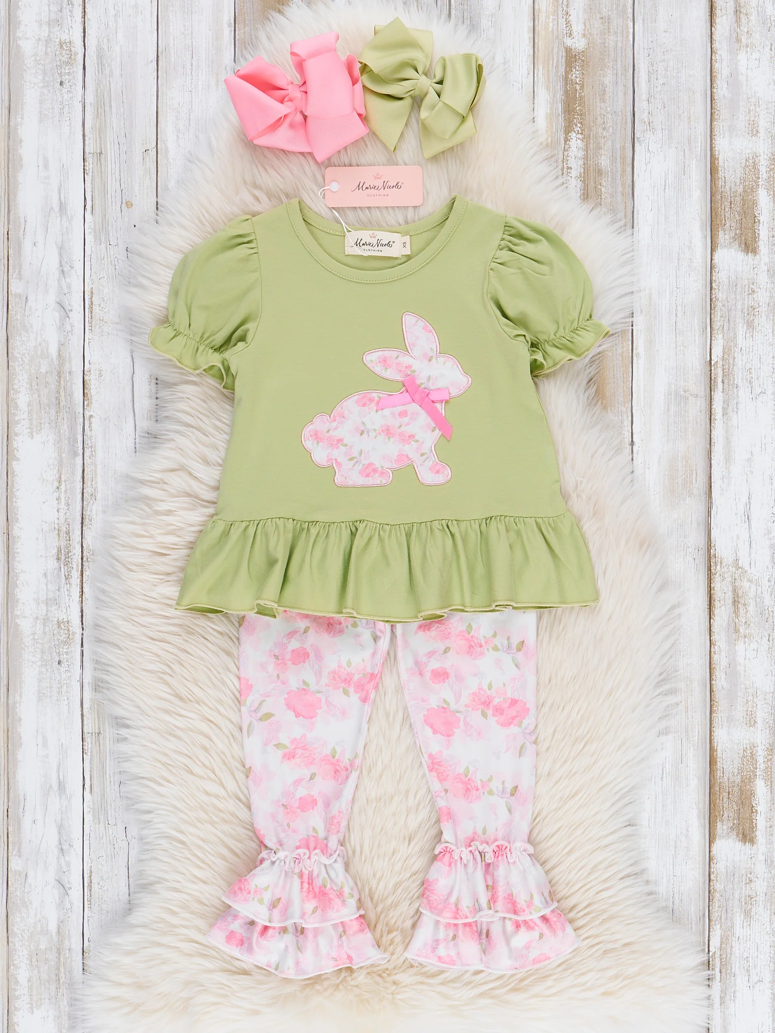Pink & Green Floral Bunny Ruffle Outfit - Image 2