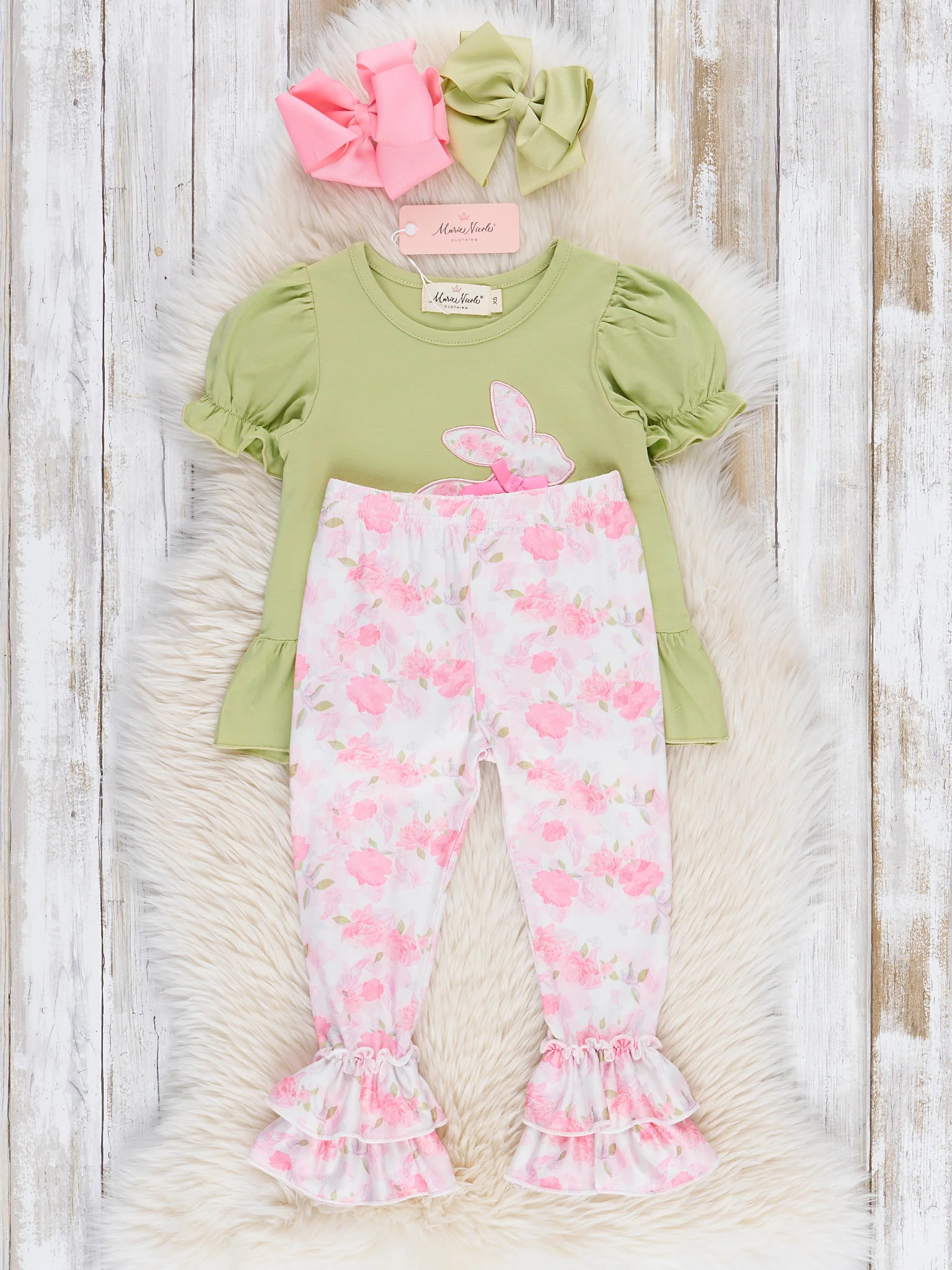 Pink & Green Floral Bunny Ruffle Outfit - Image 3