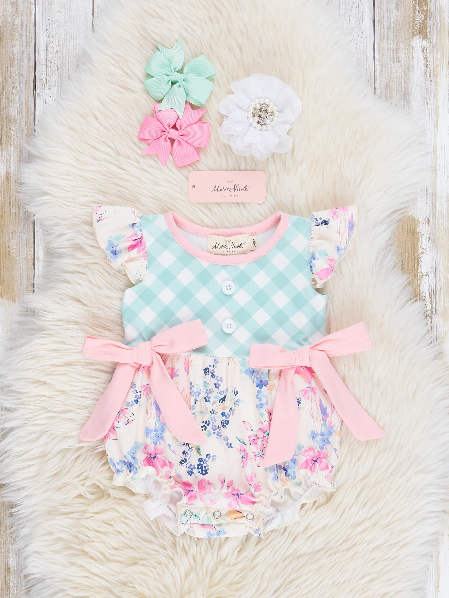 Pink & Green Gingham Garden Ruffle Bubble Romper