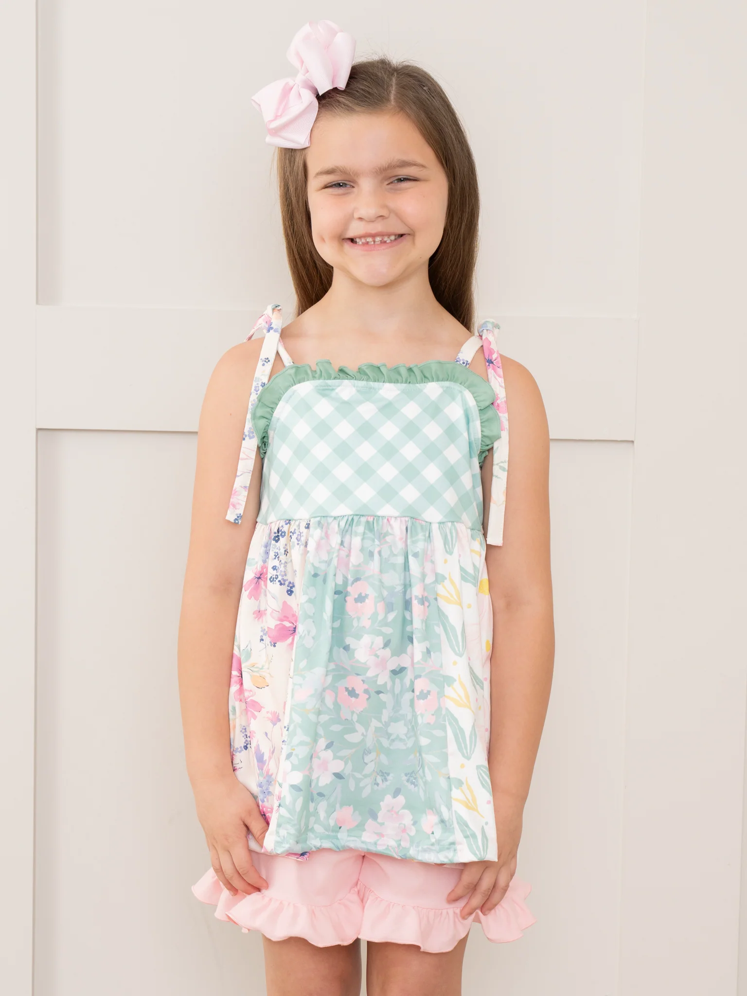 Pink & Green Gingham Garden Ruffle Outfit