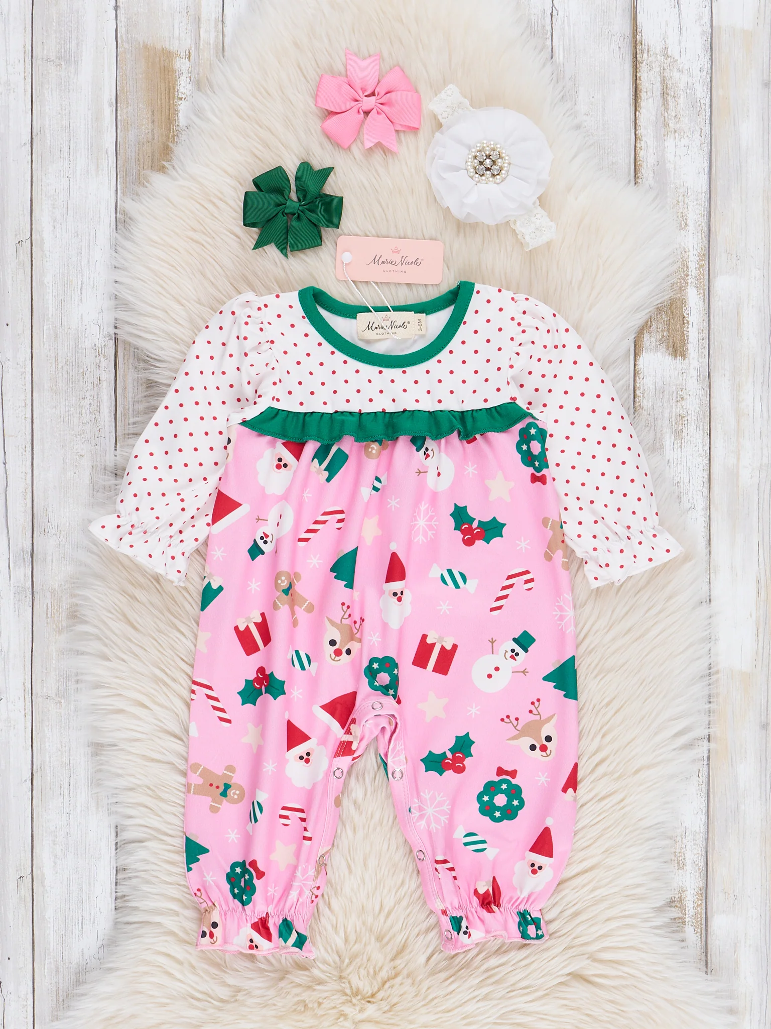 Pink & Green Holiday Magic Ruffle Romper