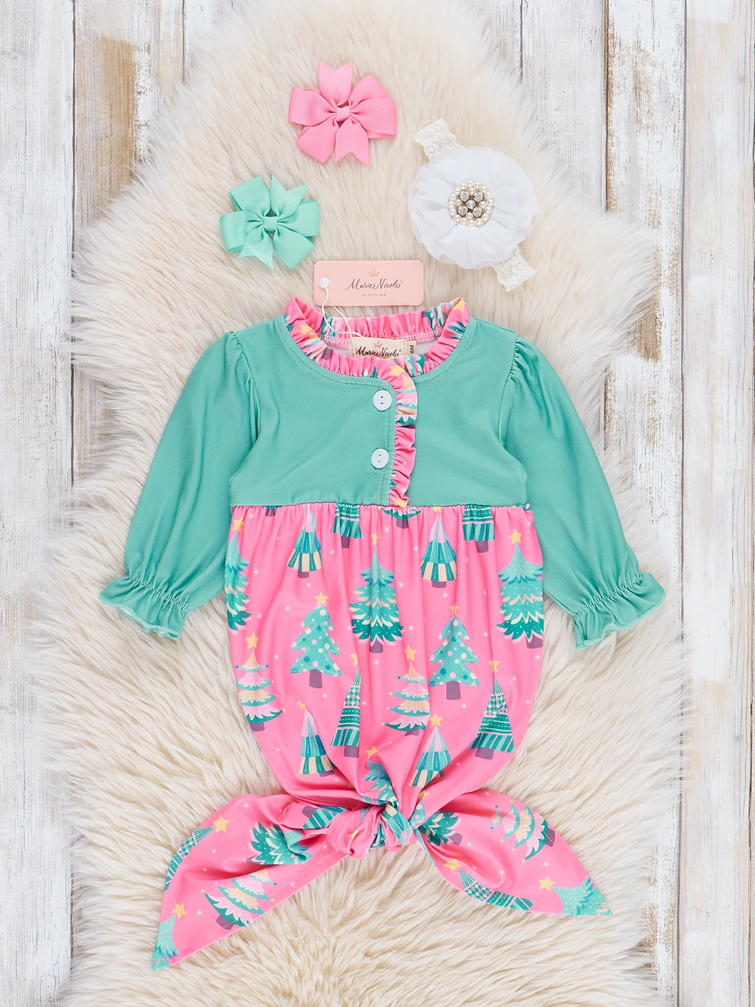 Pink & Green Oh Christmas Tree Ruffle Knot Gown