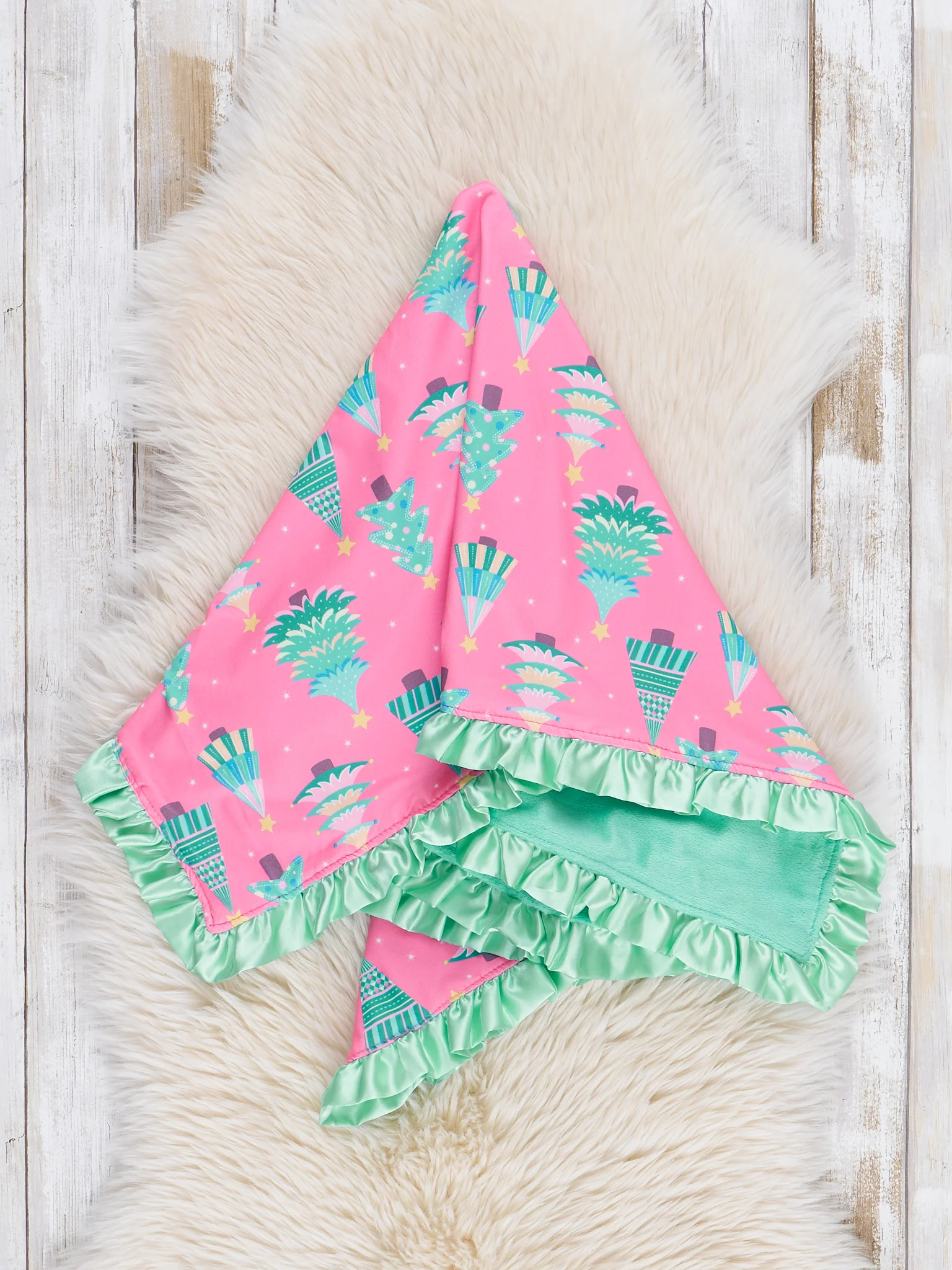 Pink & Green Oh Christmas Tree Ruffle Minky Blanket