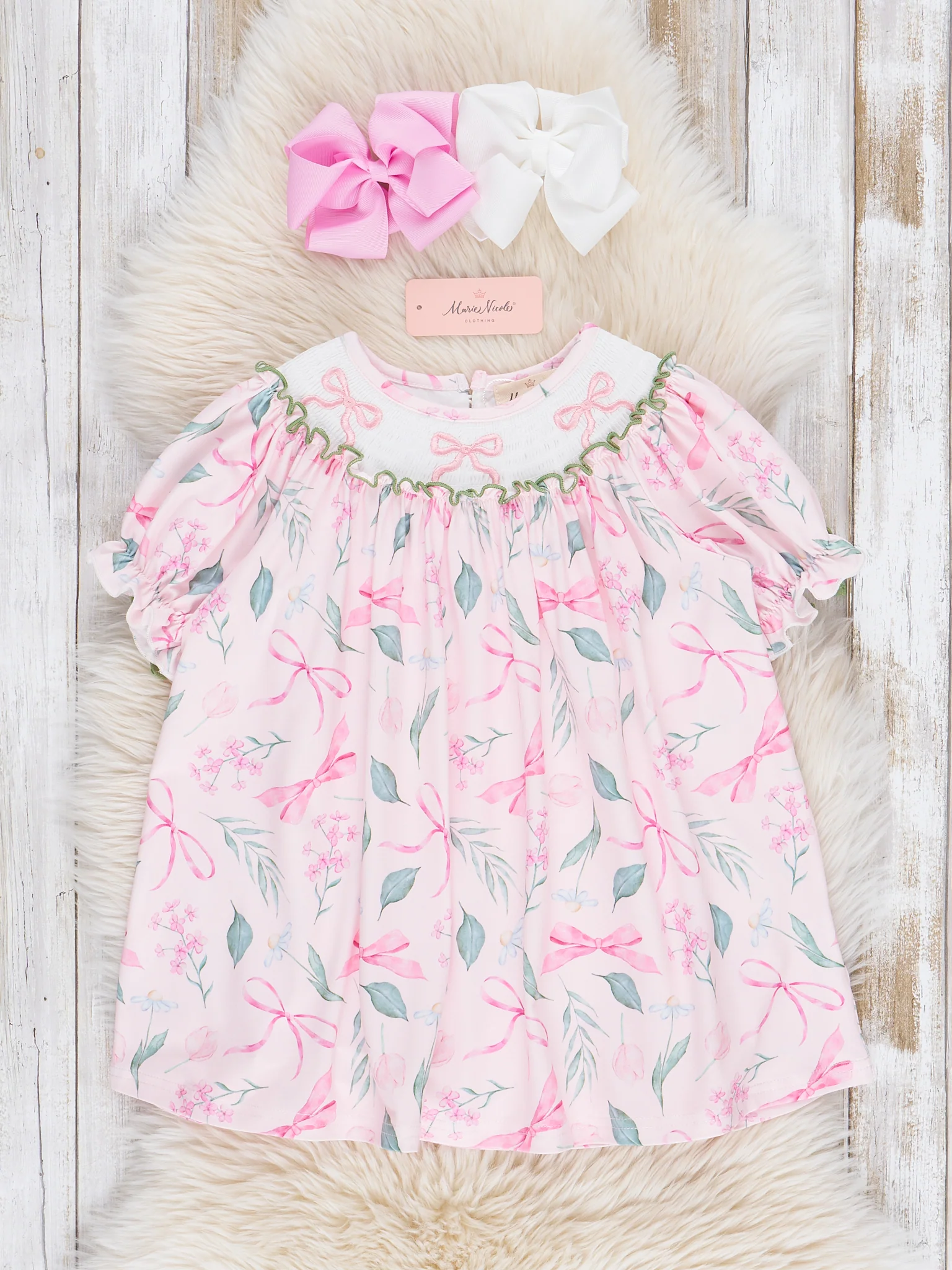 Pink & Green Smocked Bows Dress