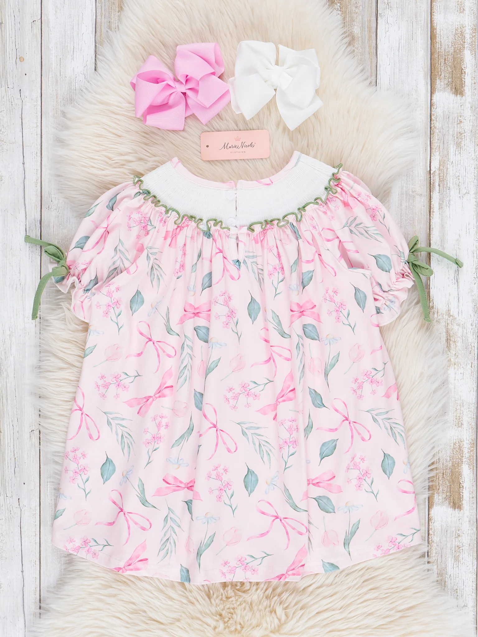 Pink & Green Smocked Bows Dress - Image 2