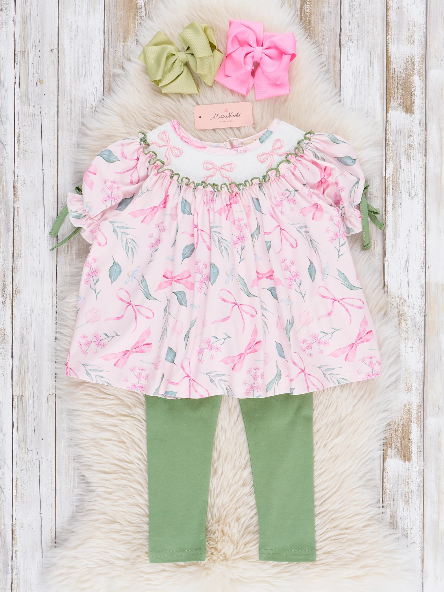 Pink & Green Smocked Bows Outfit - Image 2