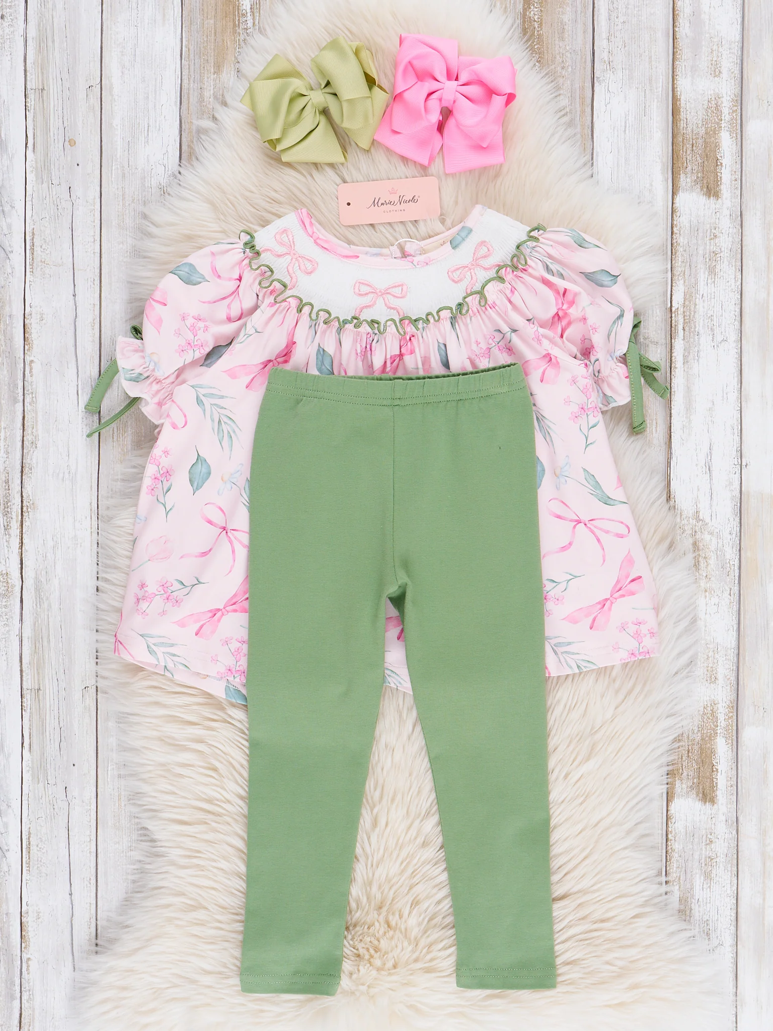 Pink & Green Smocked Bows Outfit - Image 3