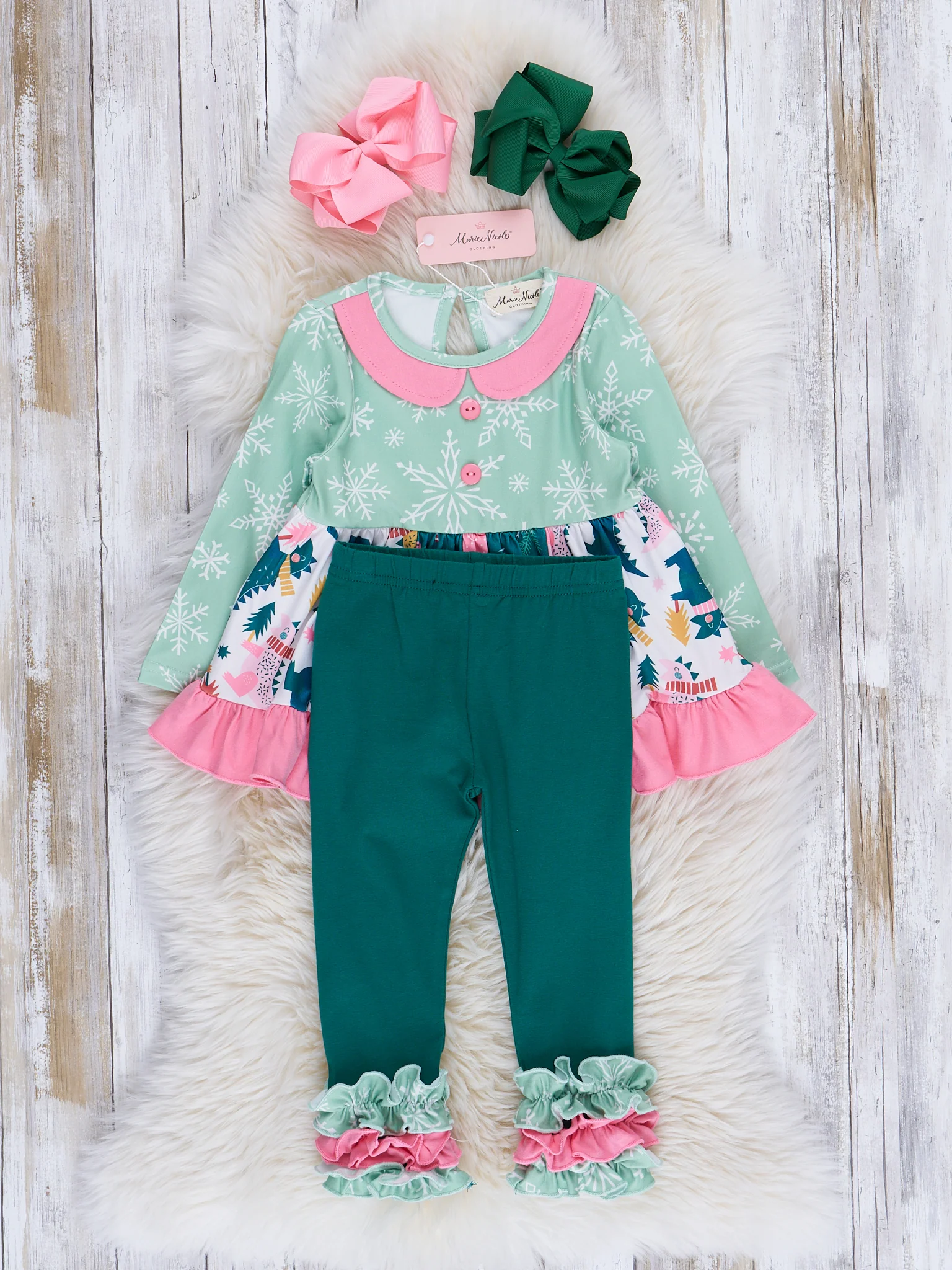 Pink & Green Snowflakes & Dinos Ruffle Outfit - Image 2