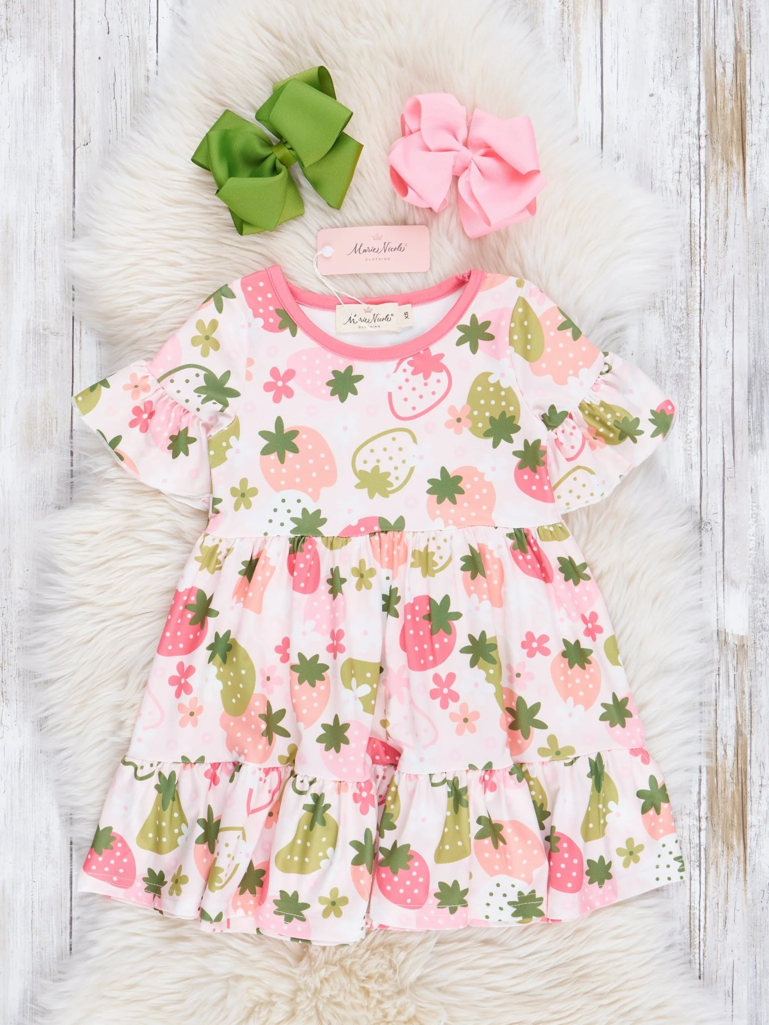 Pink & Green Strawberries Ruffle Dress