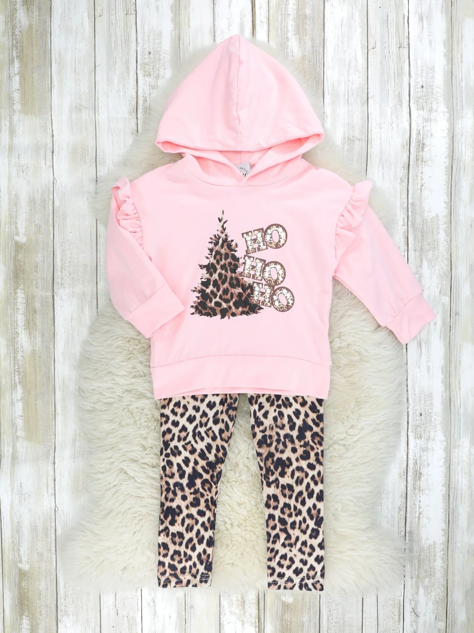 Pink "HO HO HO" Leopard Hoodie Outfit