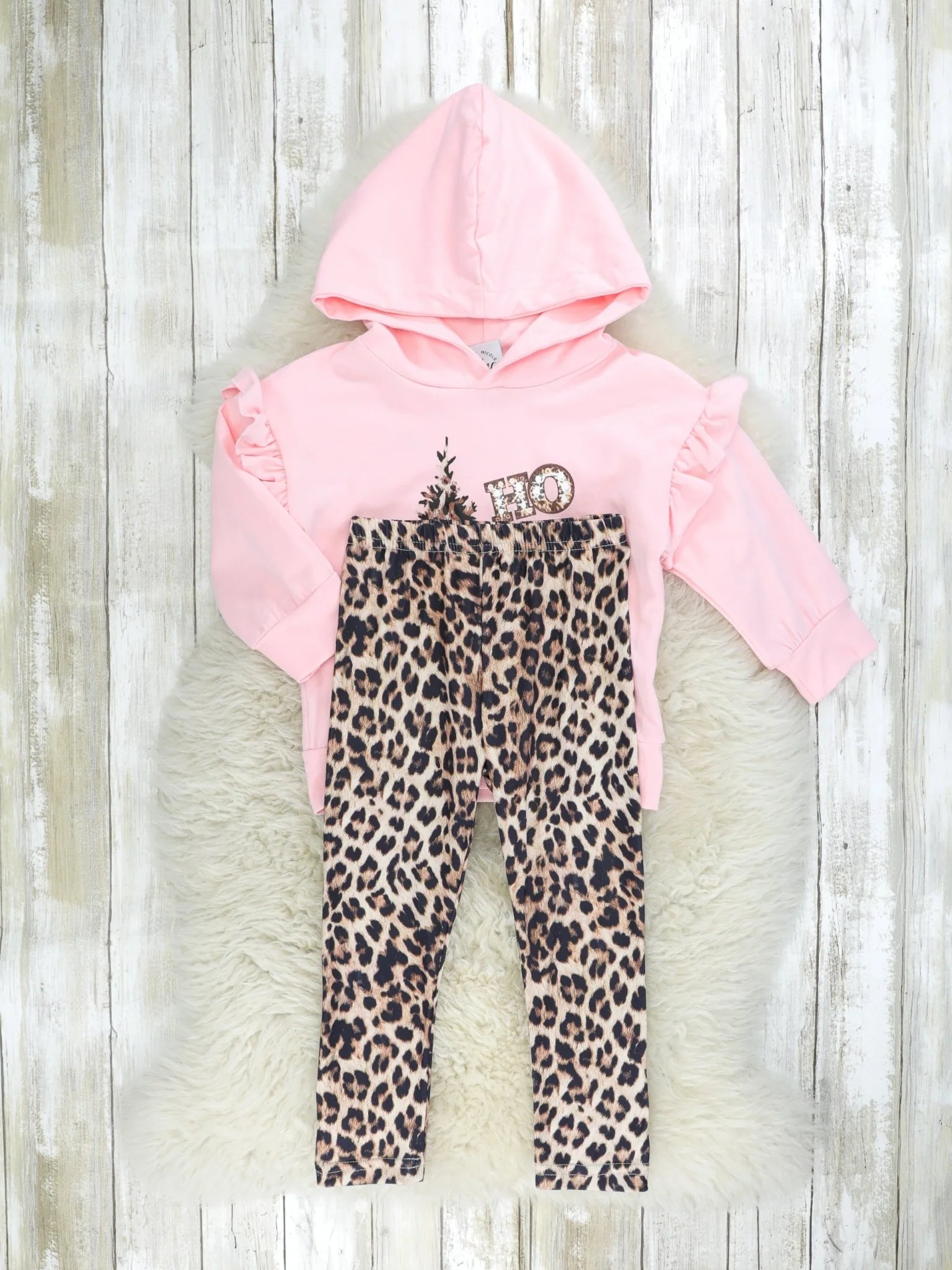 Pink "HO HO HO" Leopard Hoodie Outfit - Image 2