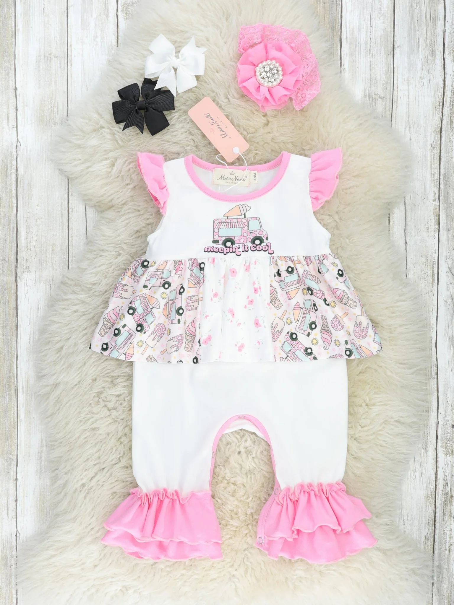 Pink Ice Cream Truck Ruffle Dressy Romper
