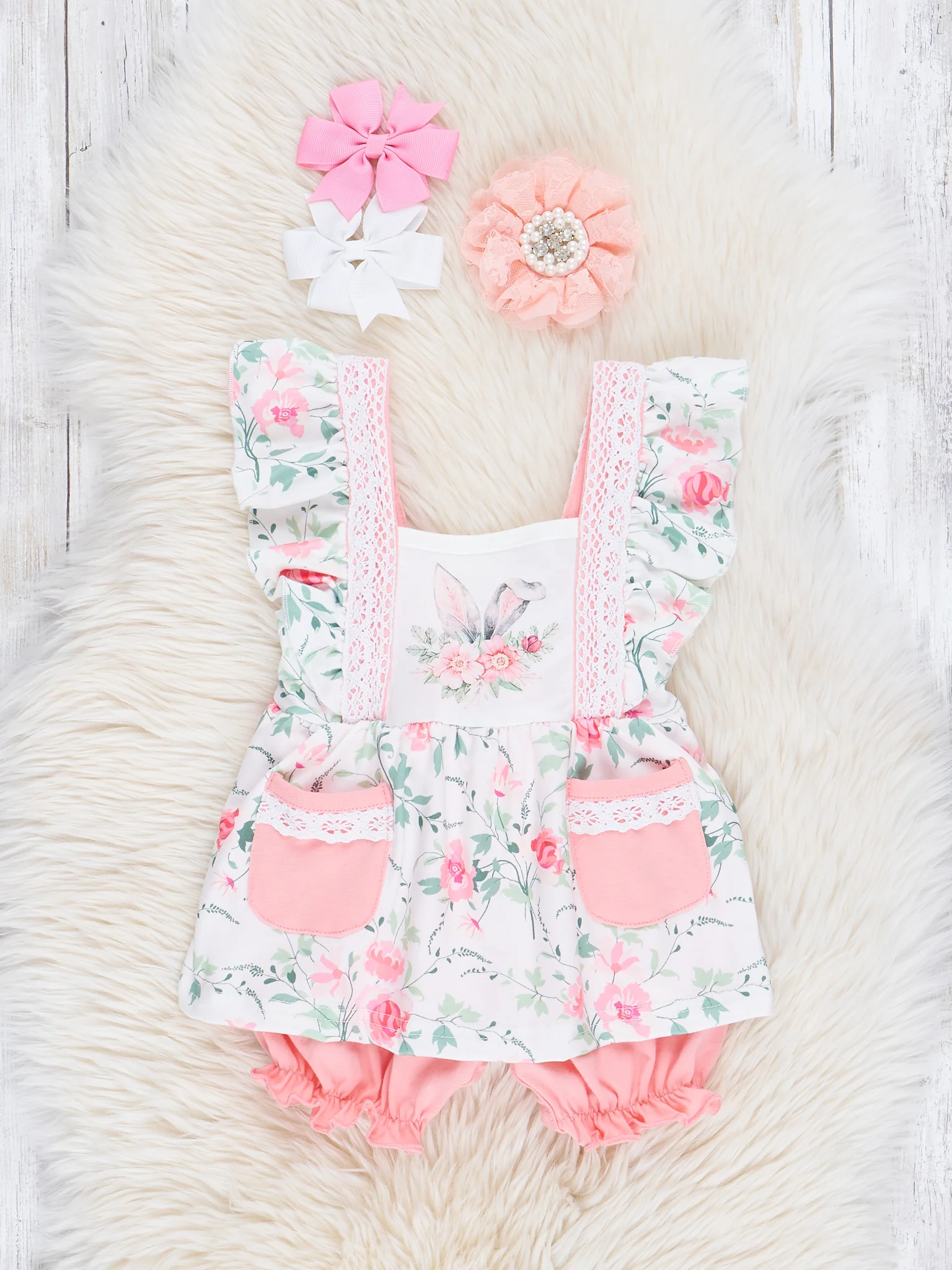 Pink Lace Bunny Ruffle Romper