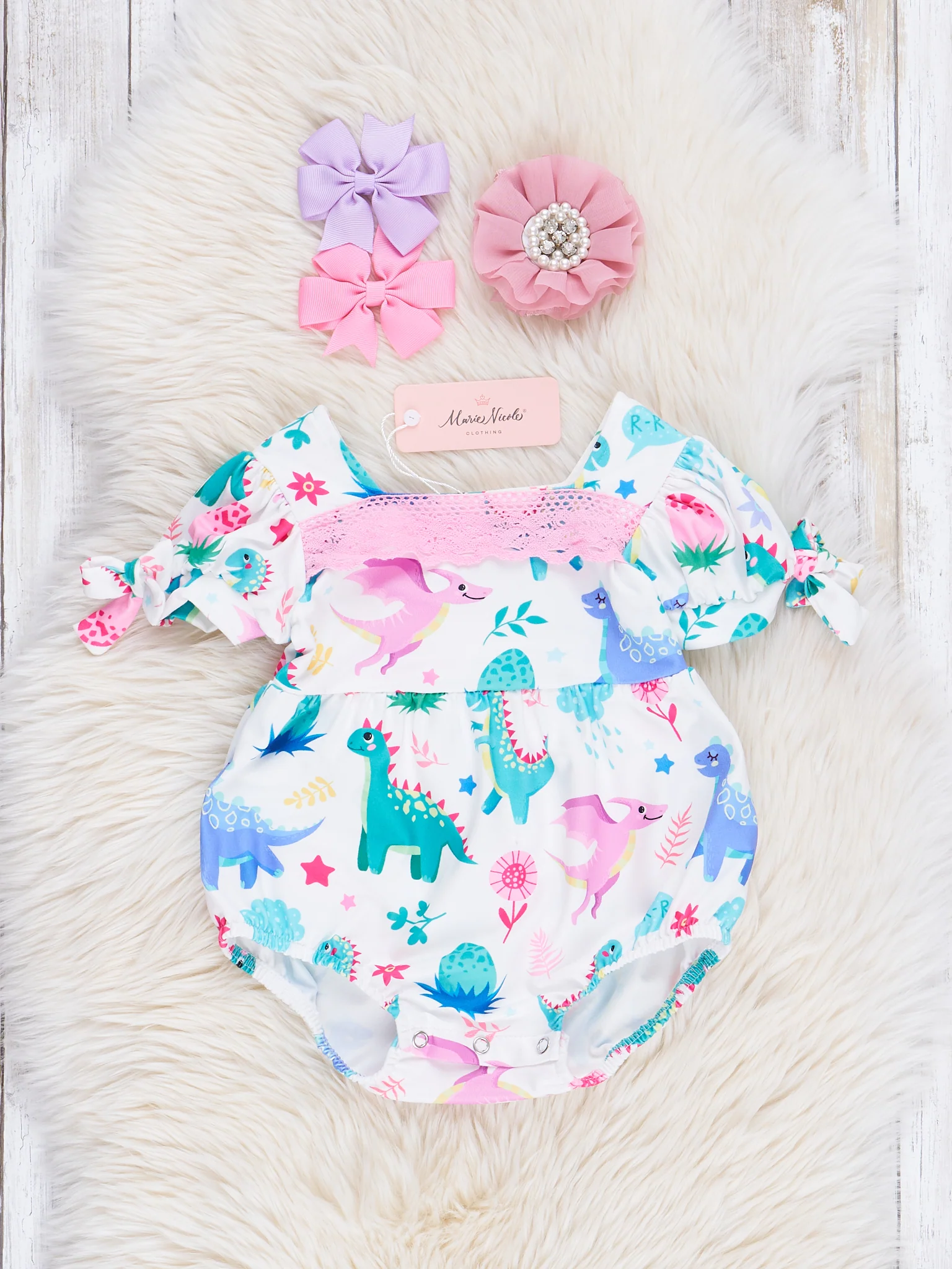 Pink Lace Watercolor Dinosaur Ruffle Bubble Romper