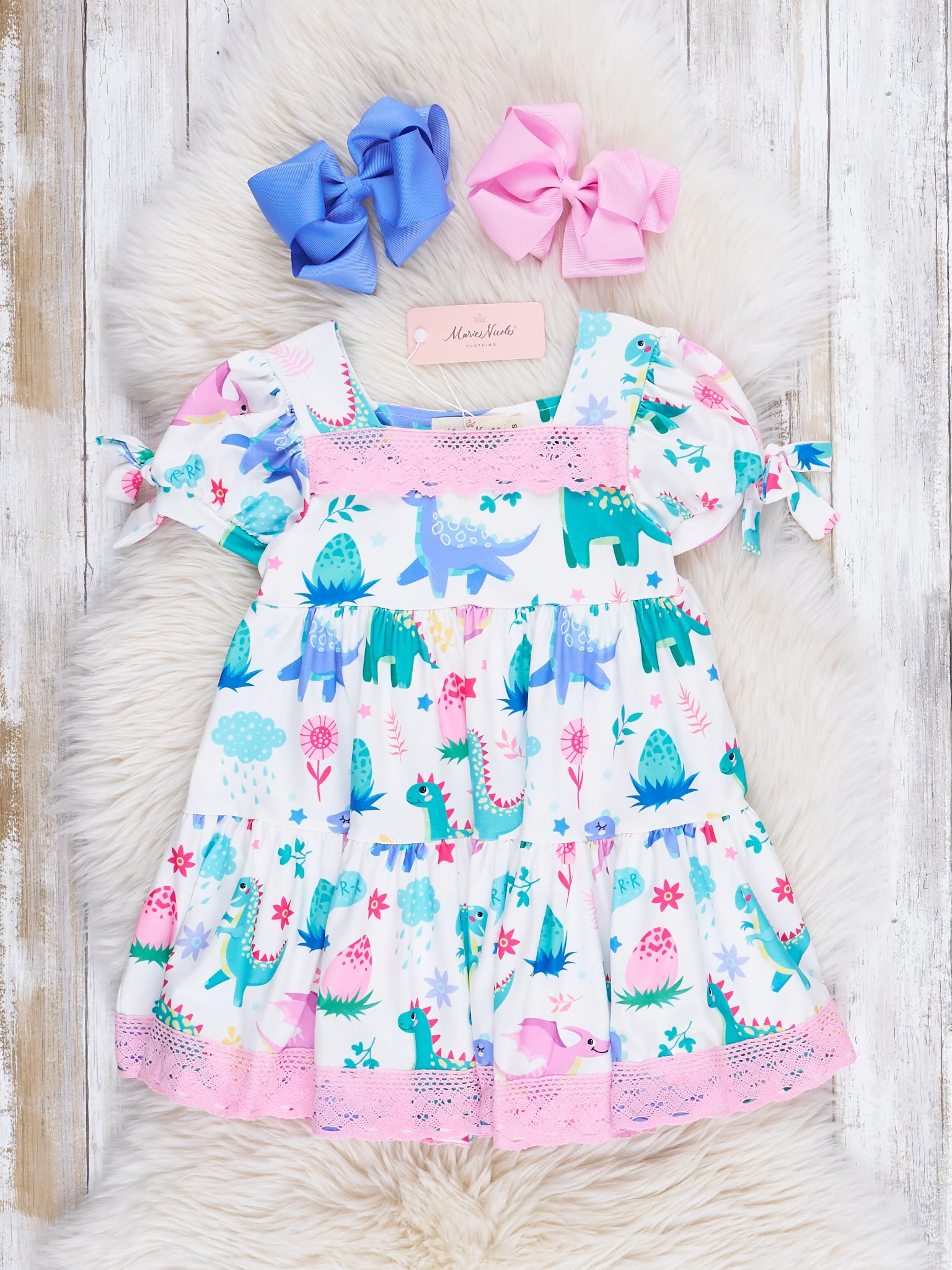Pink Lace Watercolor Dinosaur Ruffle Dress - Image 2