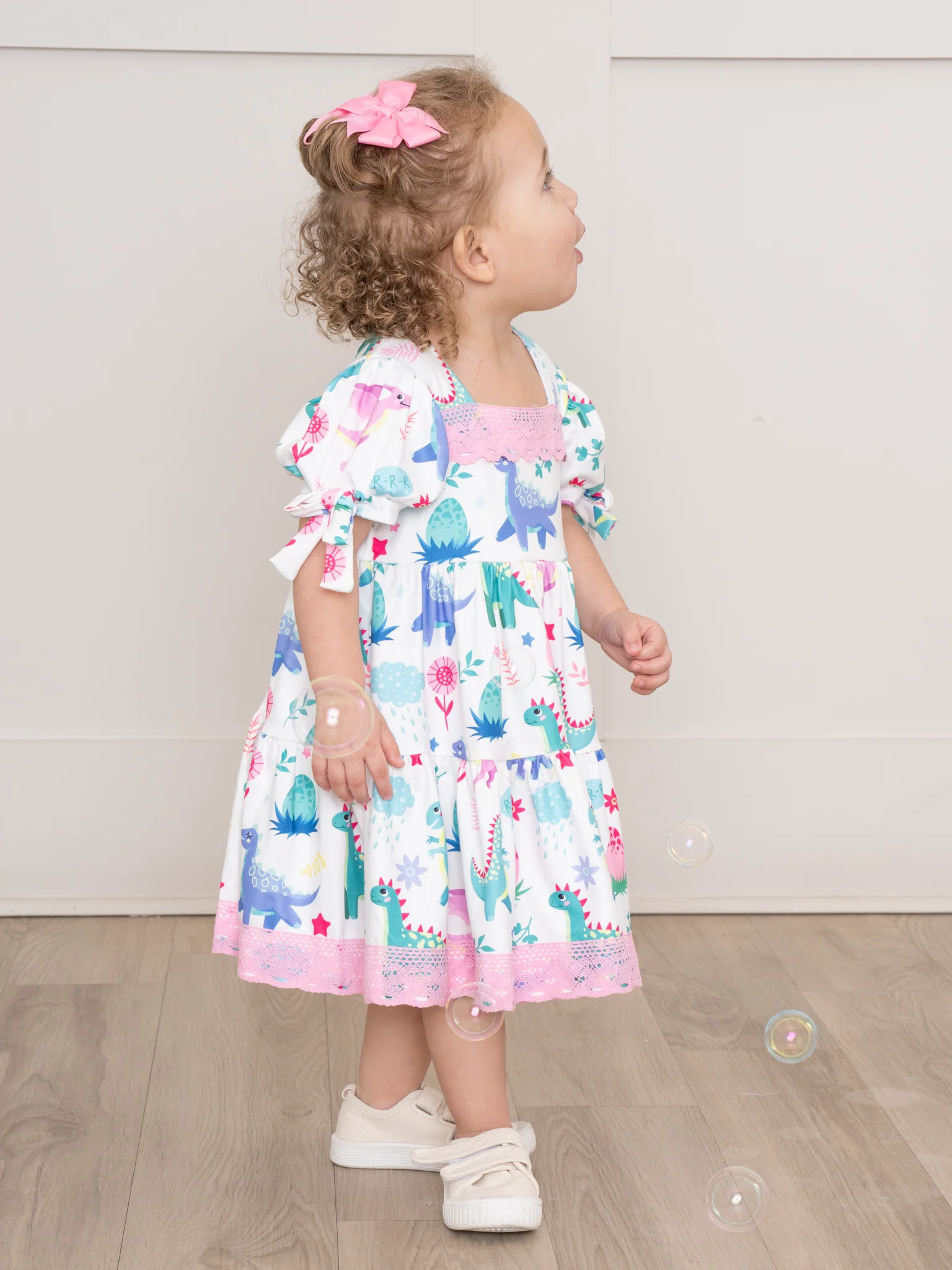 Pink Lace Watercolor Dinosaur Ruffle Dress - Image 3