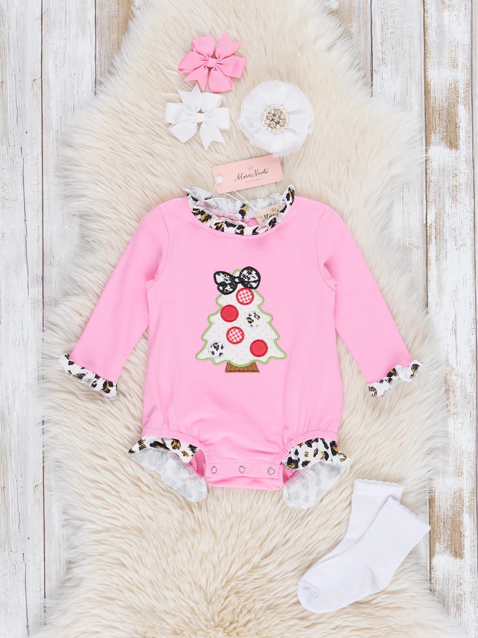 Pink & Leopard Christmas Tree Ruffle Bubble Romper