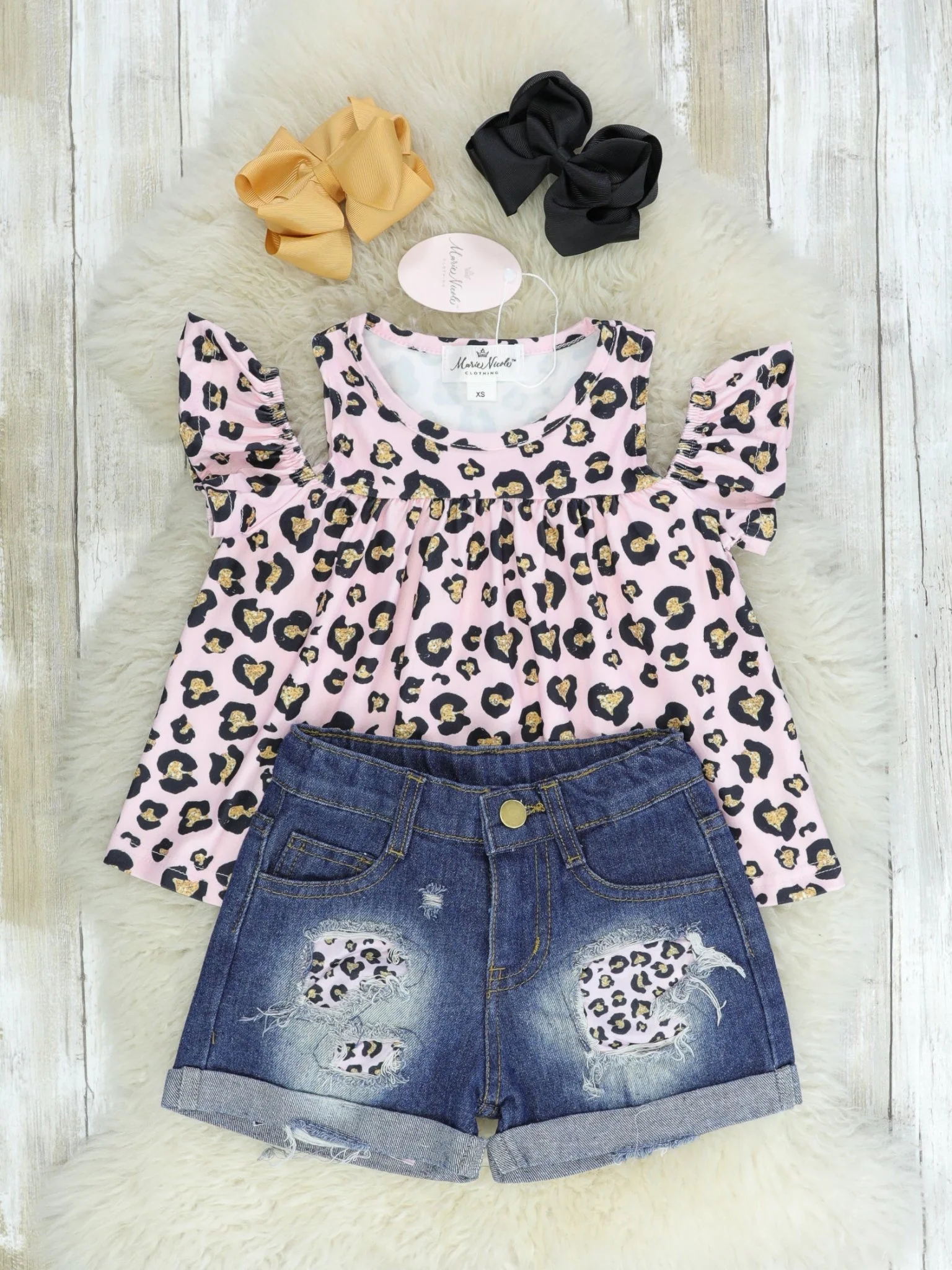 Pink Leopard Cold Shoulder Top & Denim Shorts Outfit - Image 2