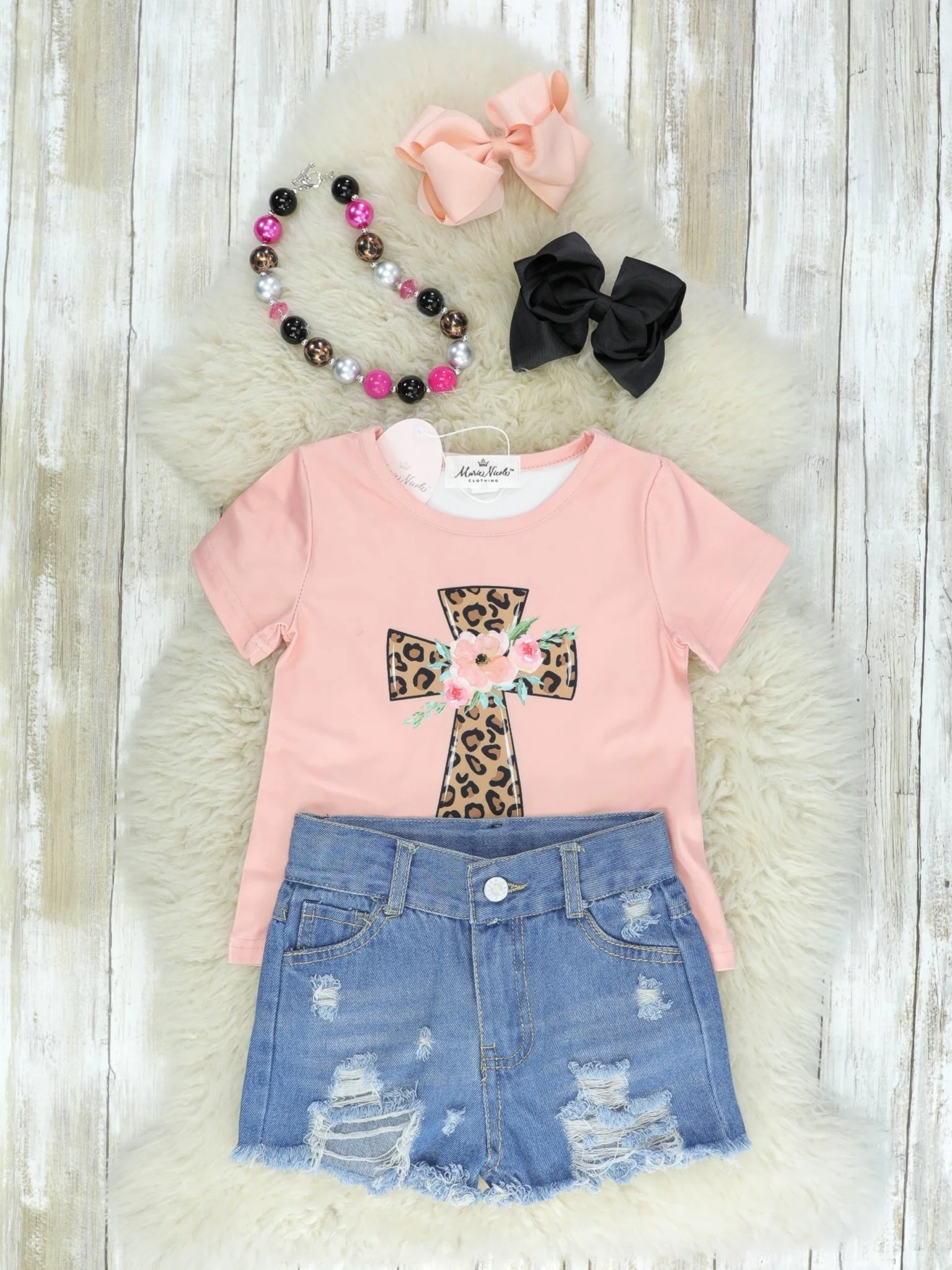 Pink Leopard Cross Denim Shorts Outfit - Image 2
