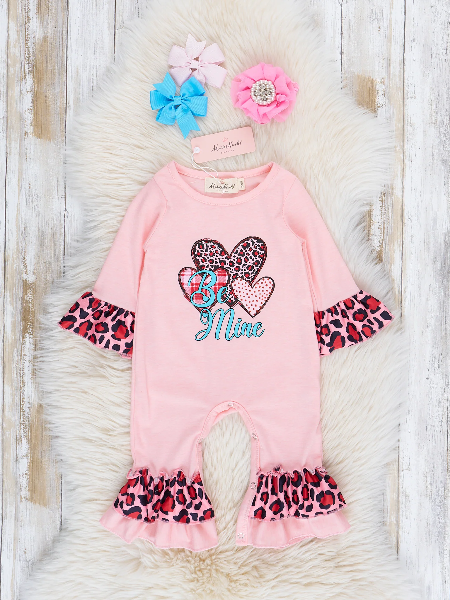 Pink & Leopard Hearts "Be Mine" Ruffle Romper