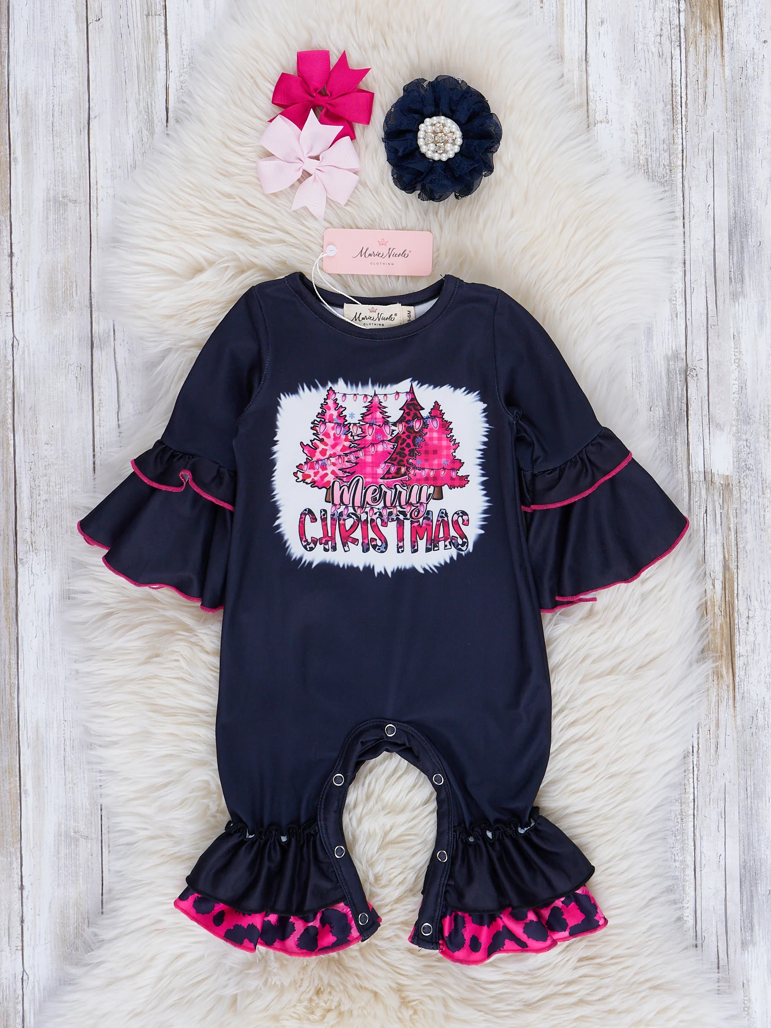 Pink Leopard "Merry Christmas" Ruffle Romper
