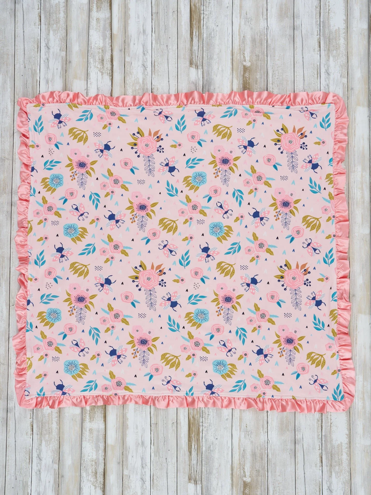 Pink Little Bug Floral Ruffle Minky Blanket