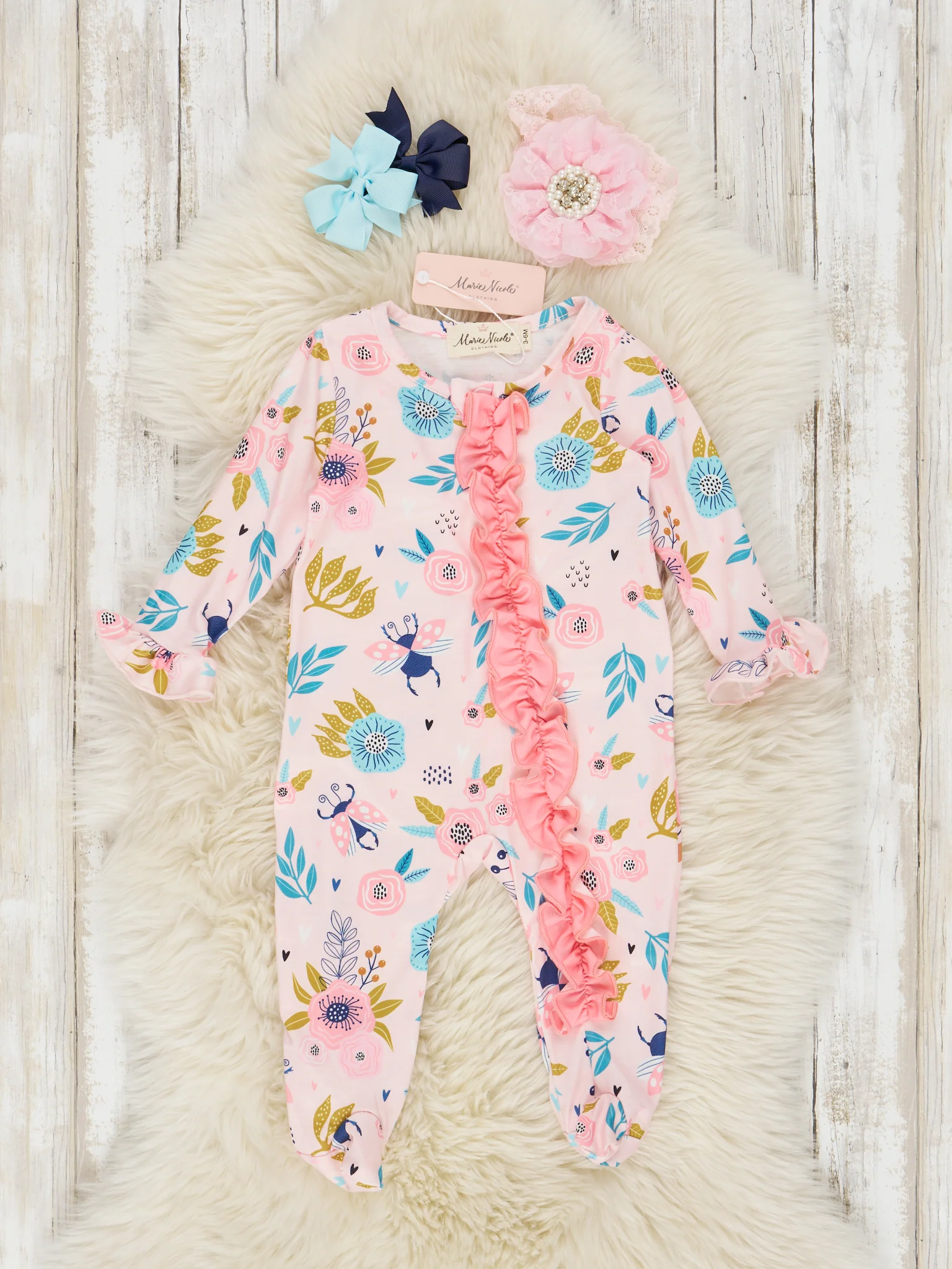 Pink Little Bug Floral Ruffle Romper