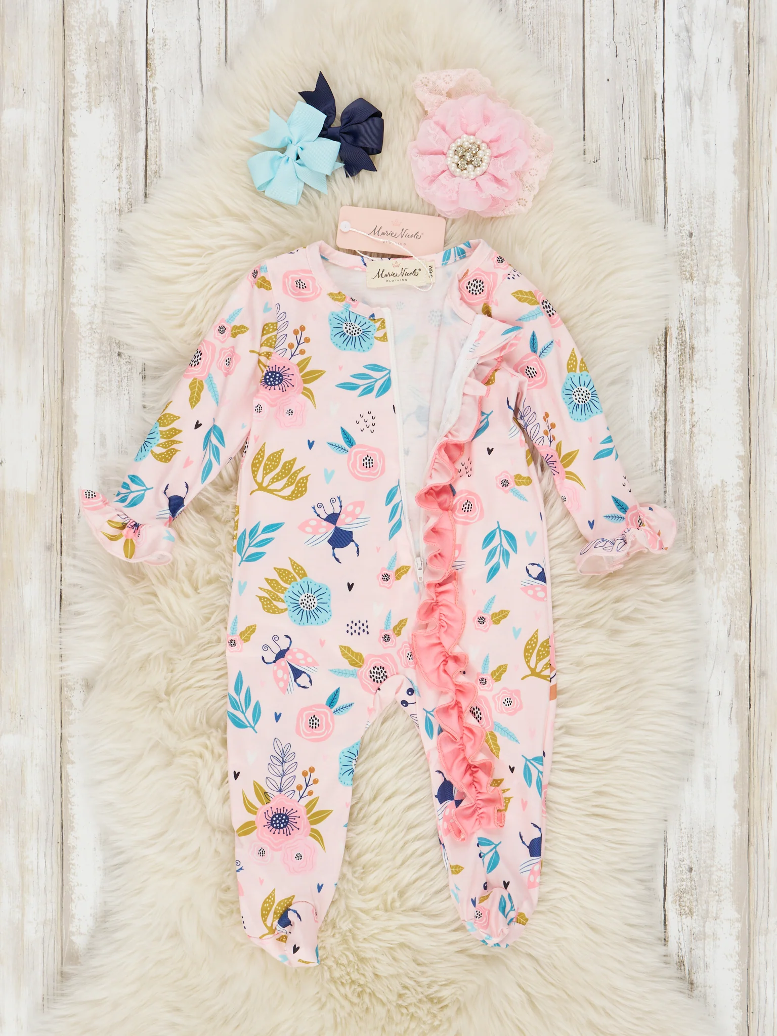 Pink Little Bug Floral Ruffle Romper - Image 2
