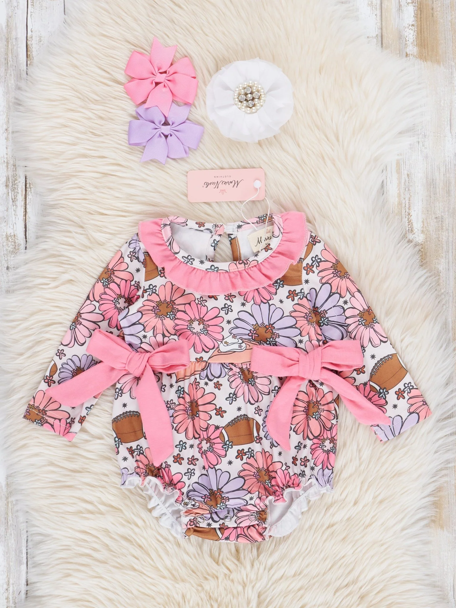 Pink Marigolds & Football Ruffle Bubble Romper