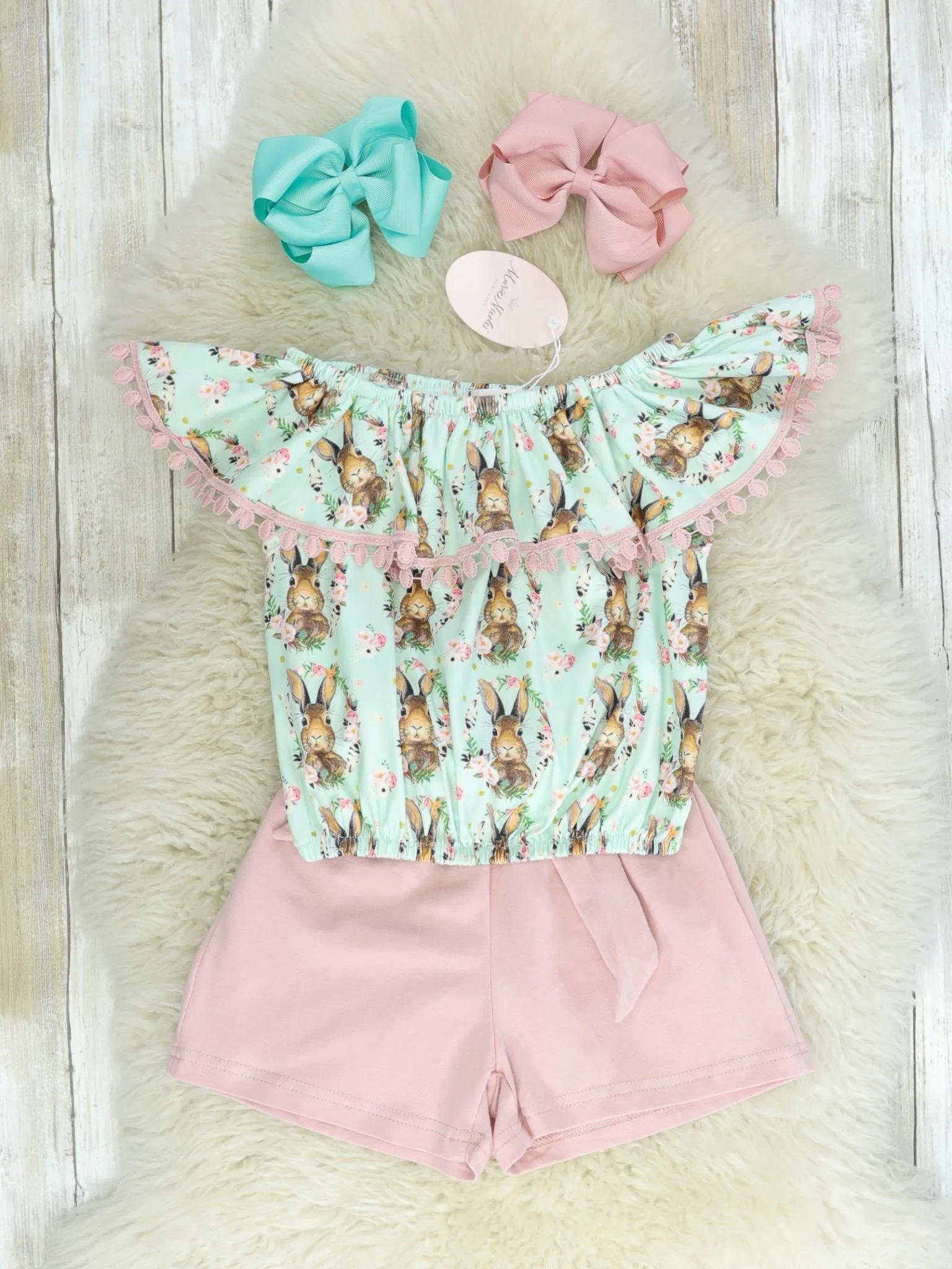 Pink & Mint Bunny Top & Shorts Outfit