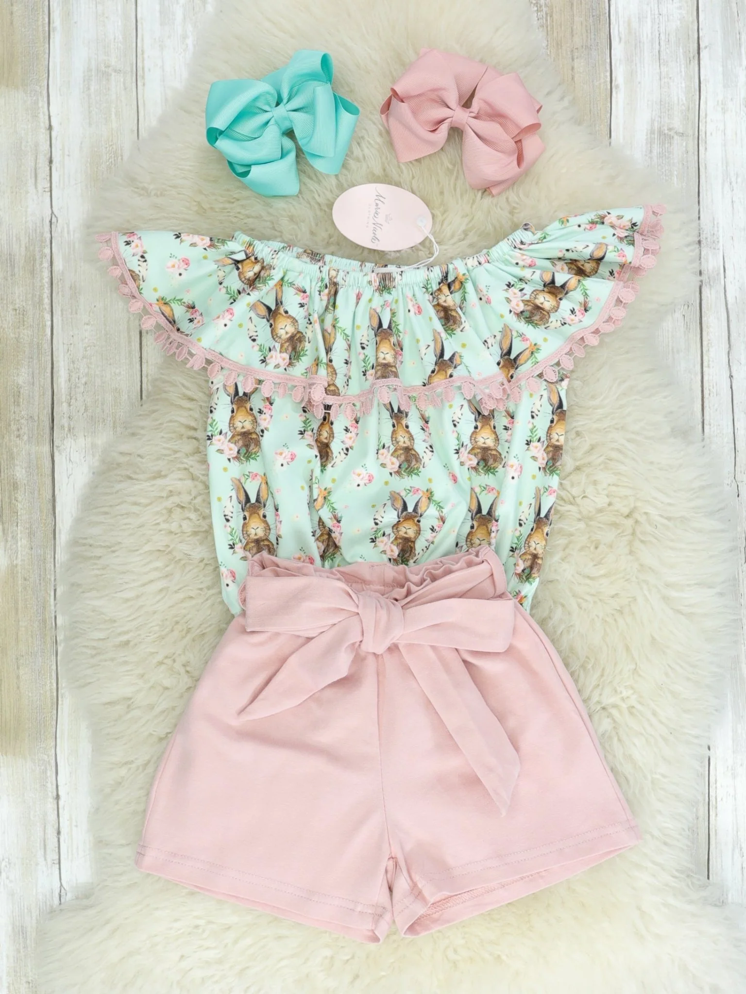 Pink & Mint Bunny Top & Shorts Outfit - Image 2