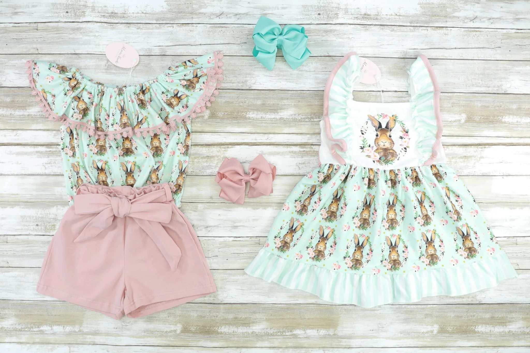 Pink & Mint Bunny Top & Shorts Outfit - Image 3