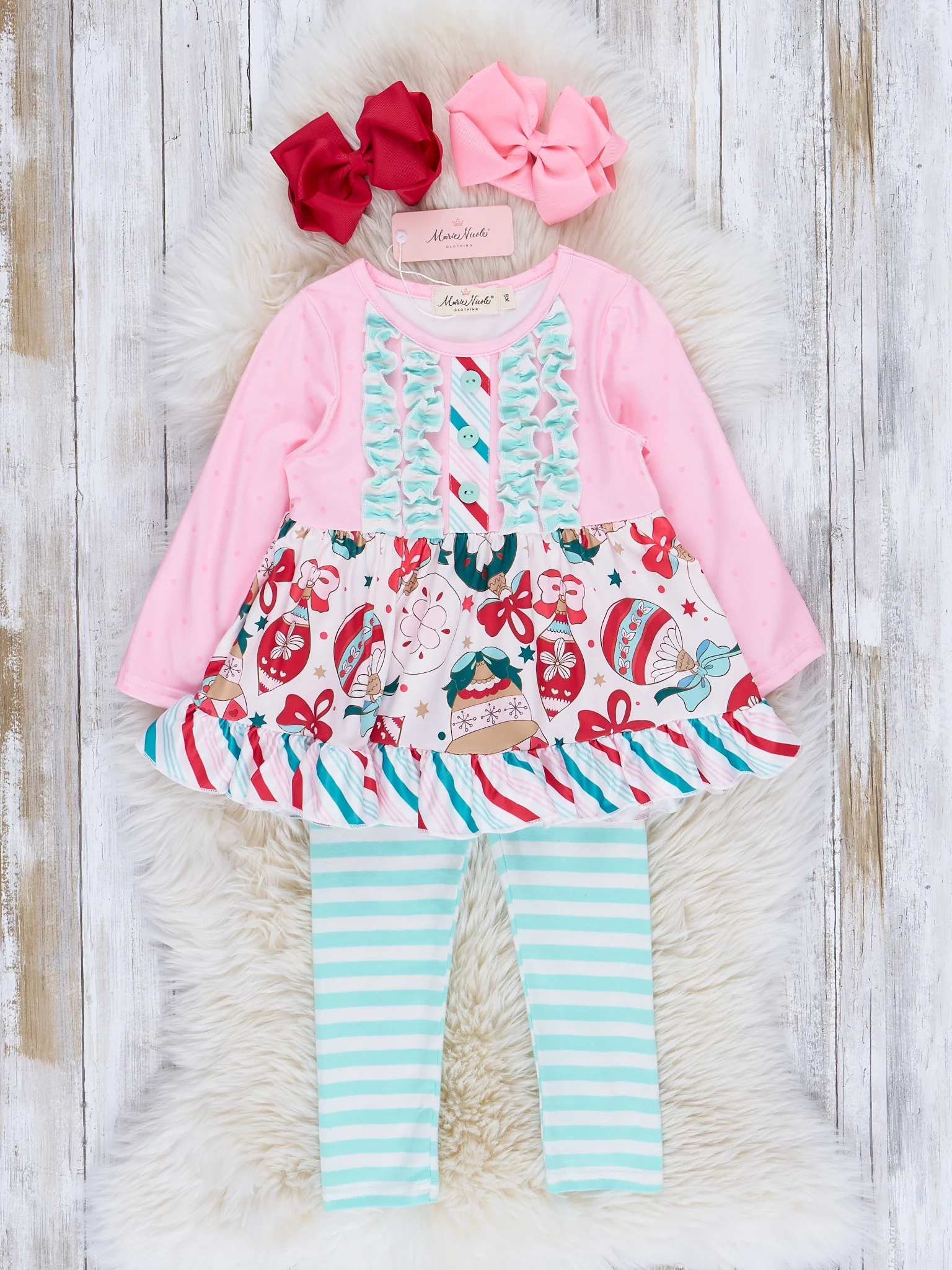 Pink & Mint Holiday Ornaments Ruffle Outfit