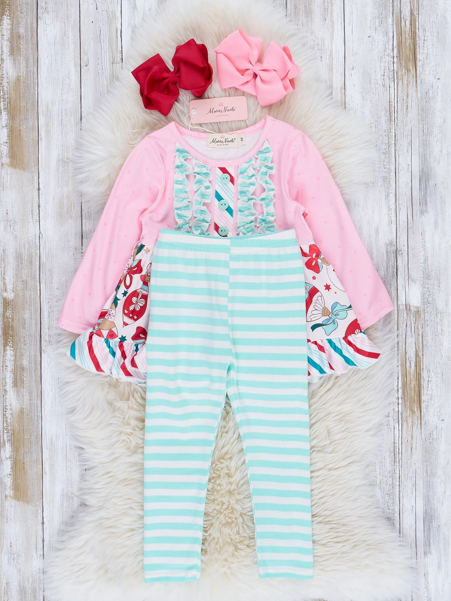 Pink & Mint Holiday Ornaments Ruffle Outfit - Image 2
