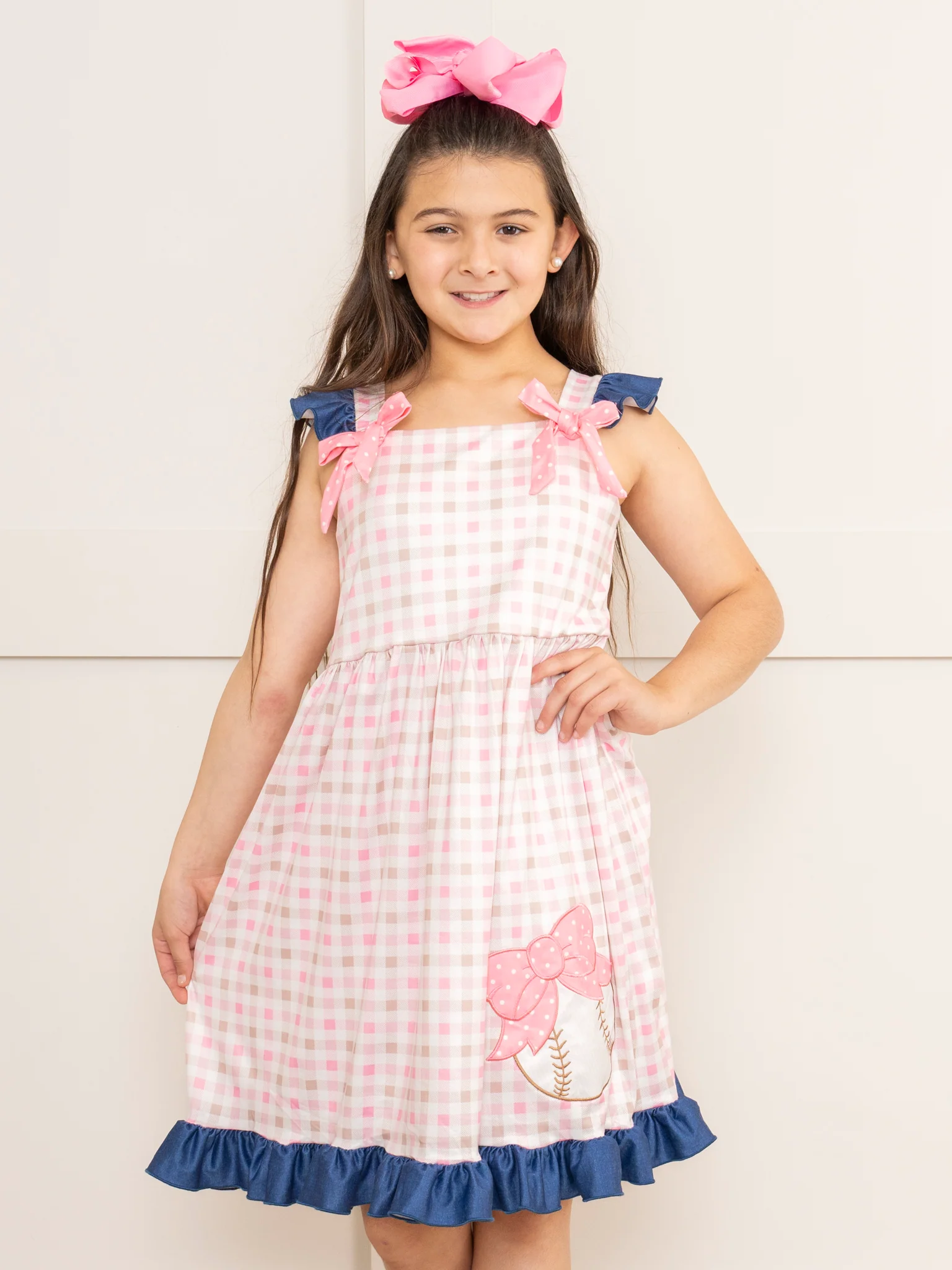 Pink & Navy Gingham Embroidered Baseball Ruffle Dress