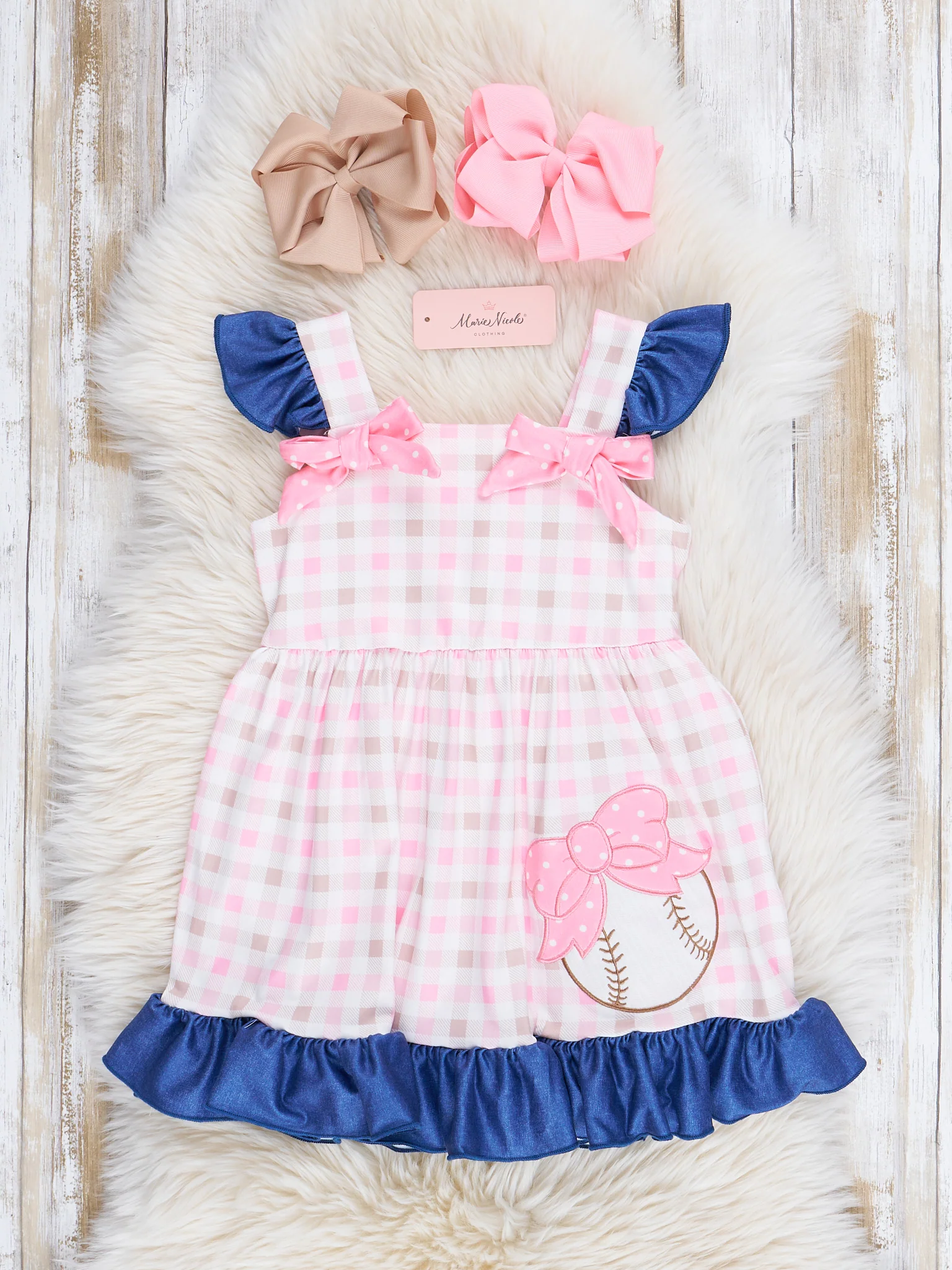Pink & Navy Gingham Embroidered Baseball Ruffle Dress - Image 2