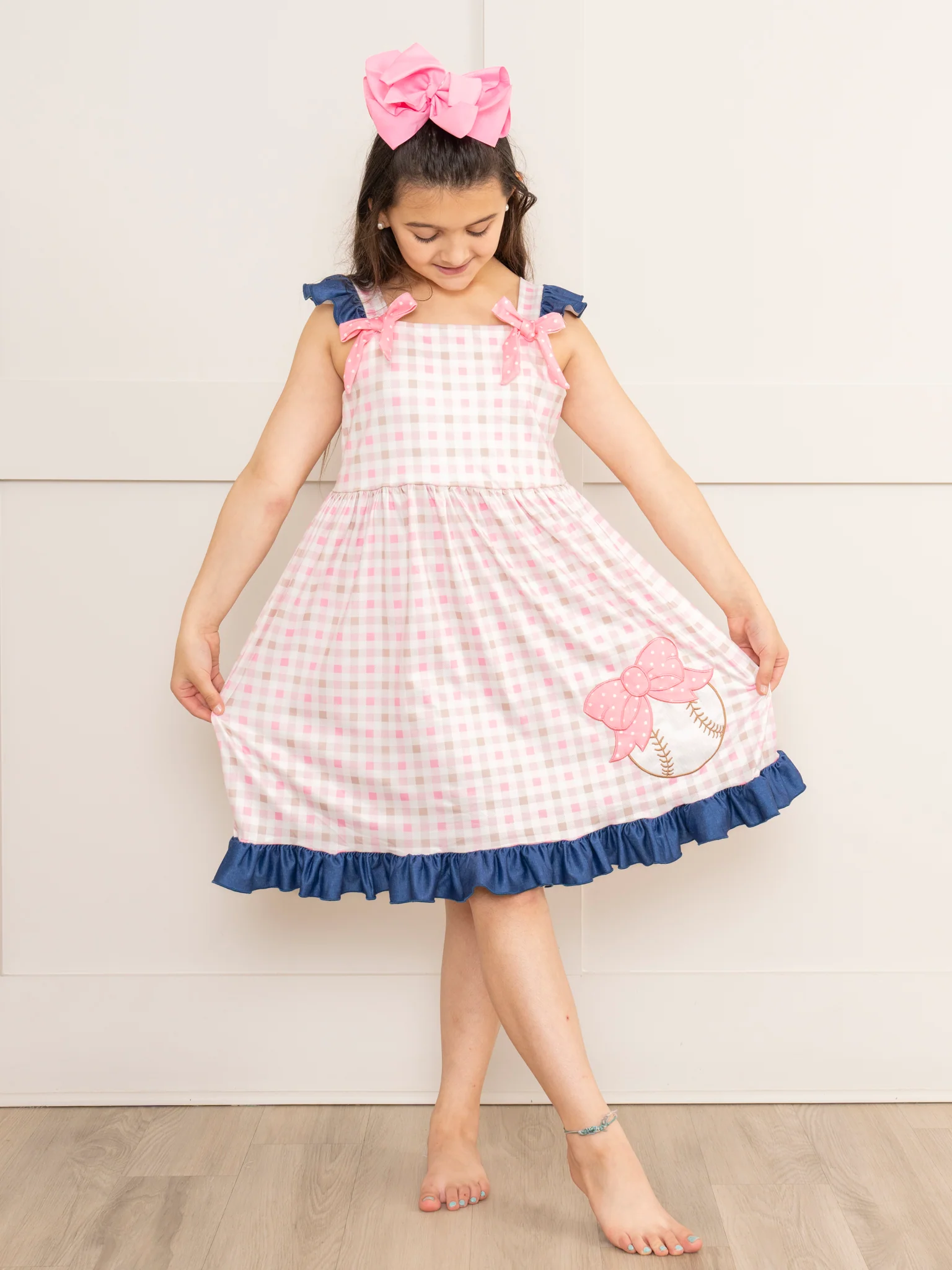 Pink & Navy Gingham Embroidered Baseball Ruffle Dress - Image 3