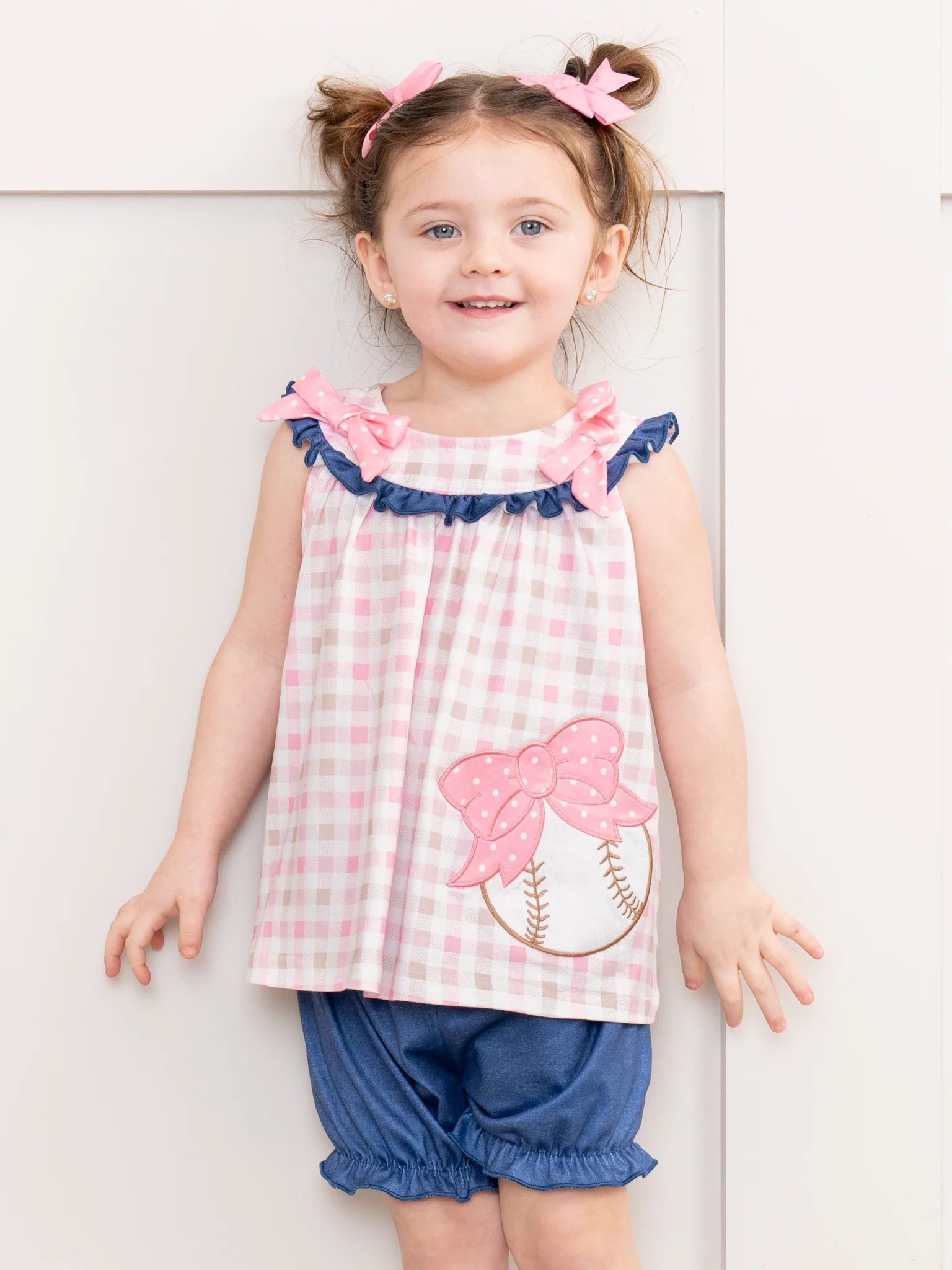 Pink & Navy Gingham Embroidered Baseball Ruffle Outfit