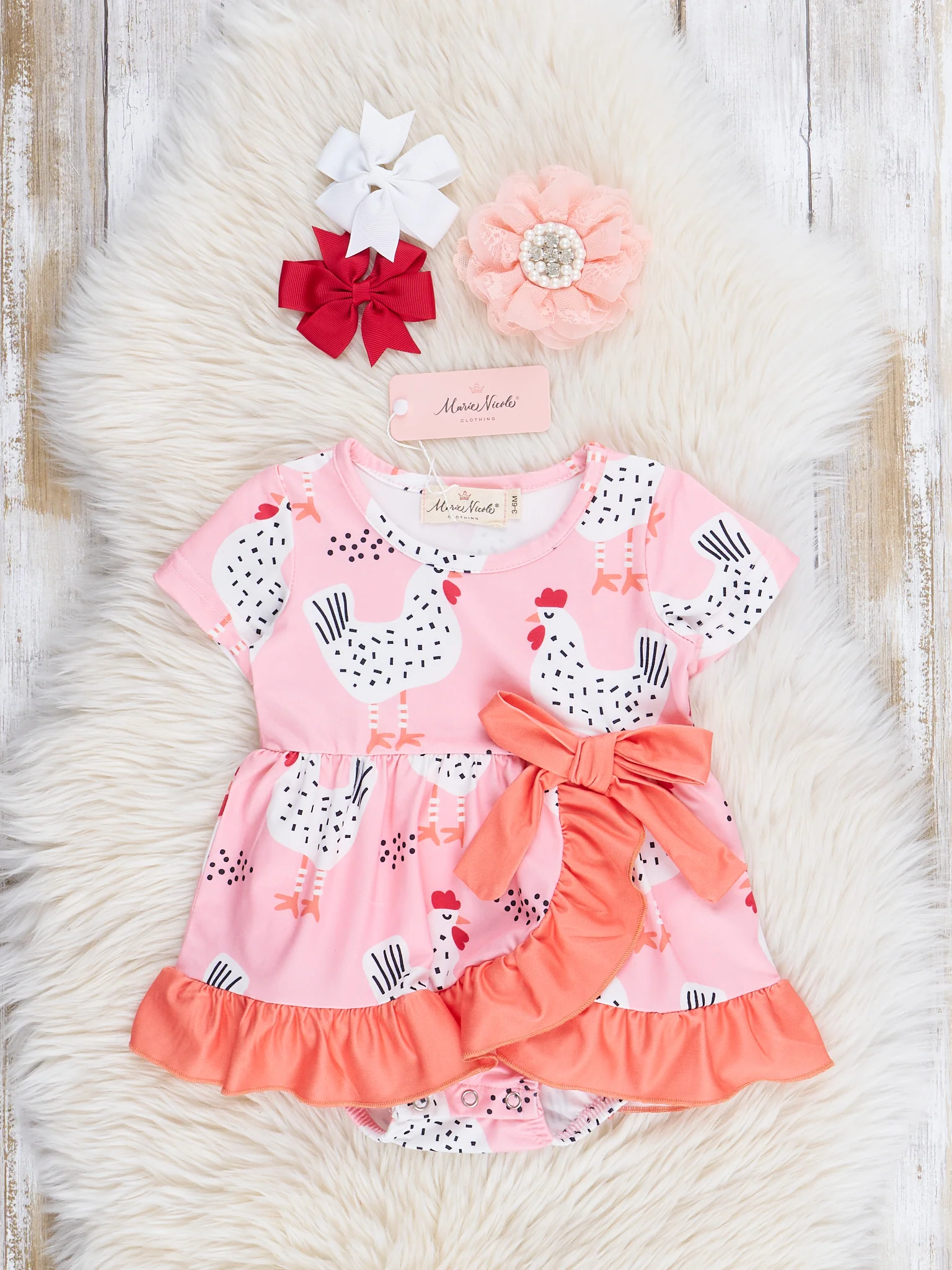 Pink & Orange Chickens Wrap Ruffle Bubble Romper - Image 2