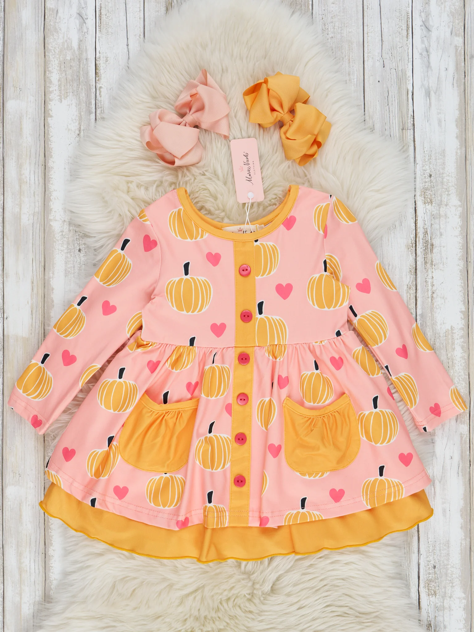 Pink & Orange Pumpkin Heart Tiered Ruffle Dress