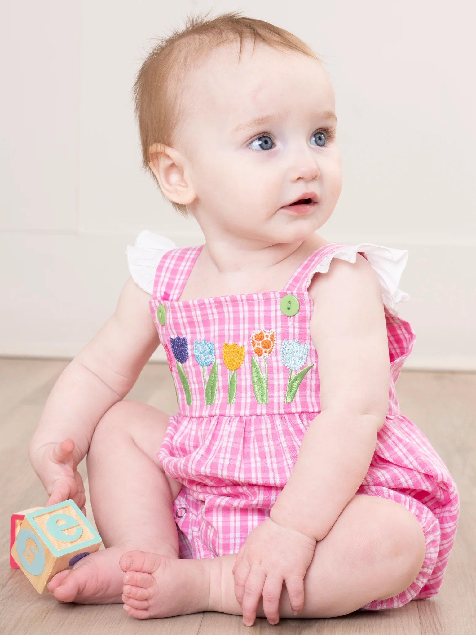 Pink Plaid Embroidered Garden Ruffle Romper - Image 3