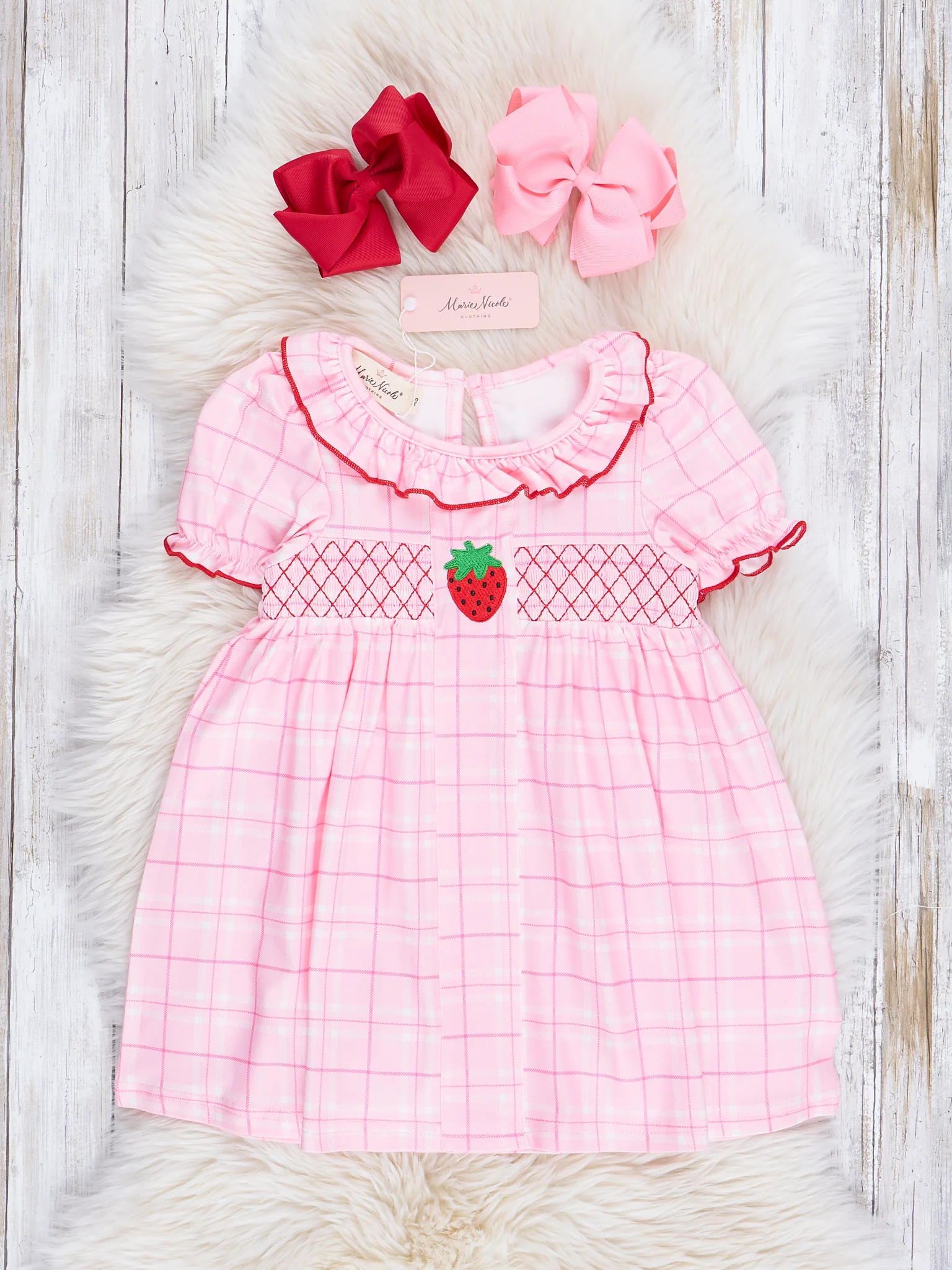 Pink Plaid Smocked Strawberry Dress