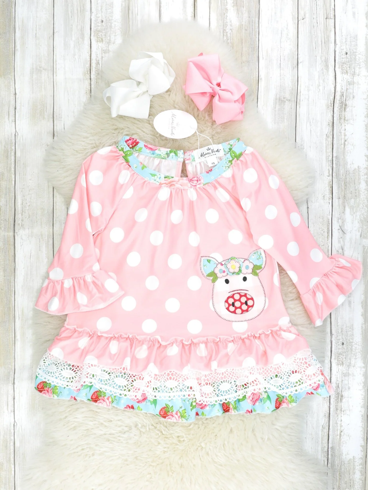 Pink Polka Dot & Floral Piggy Ruffle Dress